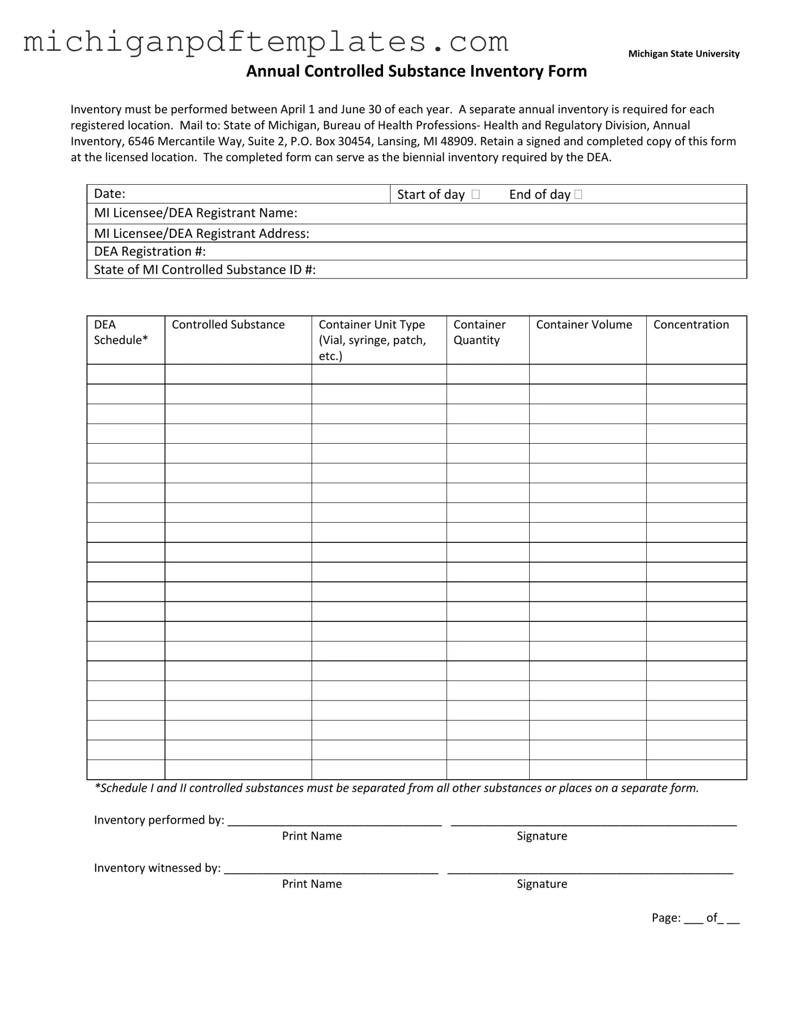 Fill in Your Control Substance Inventory Michigan Form