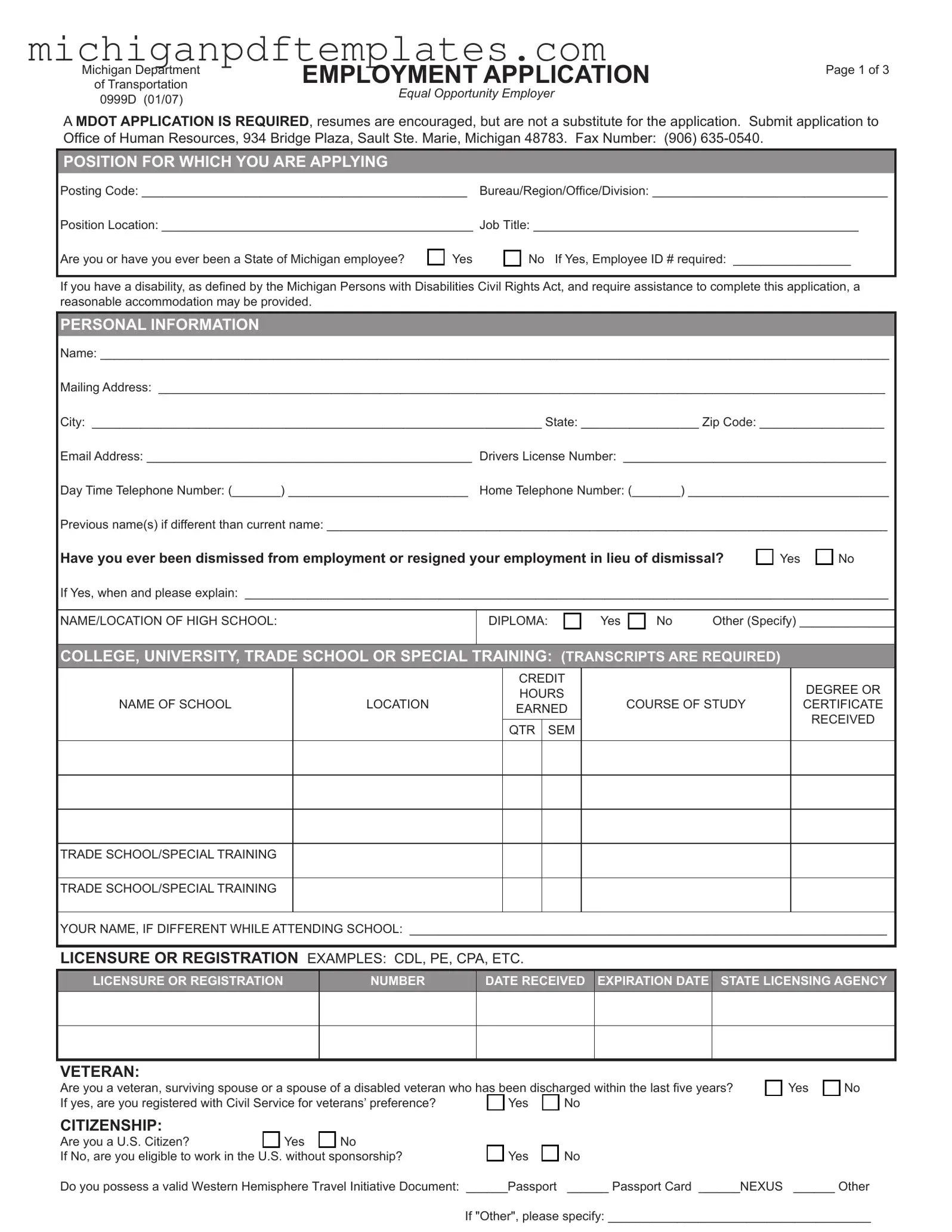 Fill in Your Michigan 0999D Form