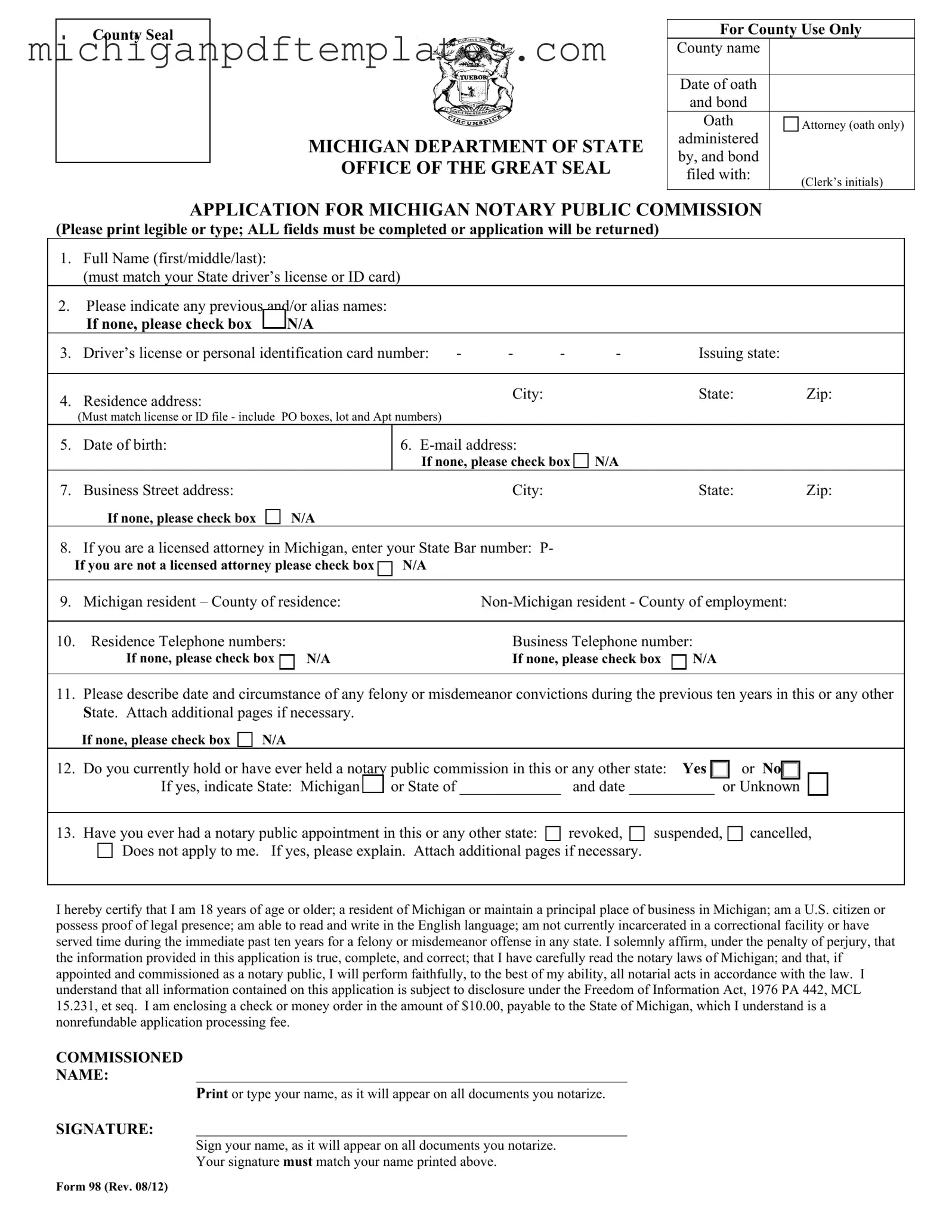 Fill in Your Michigan 98 Form