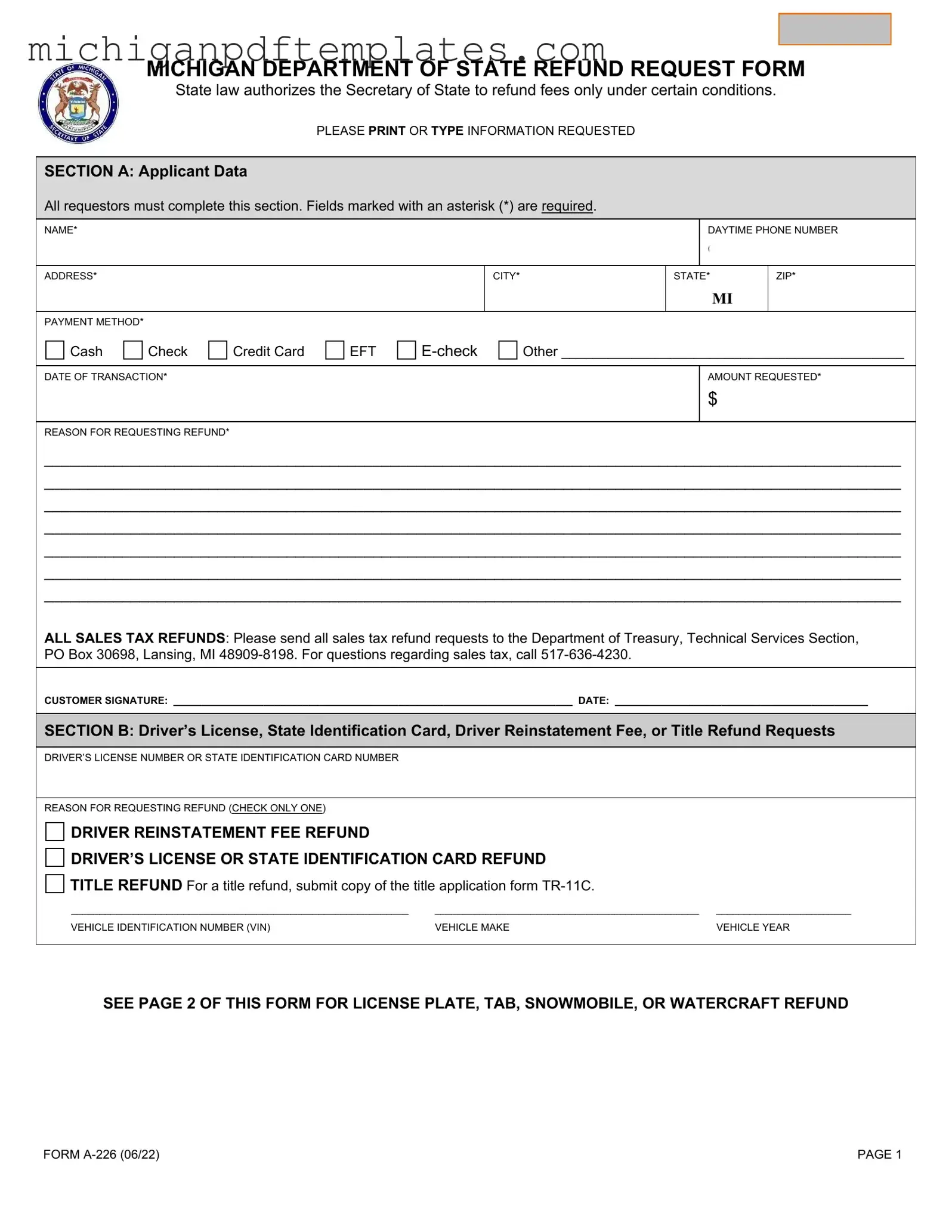 Fill in Your Michigan A 226 Form
