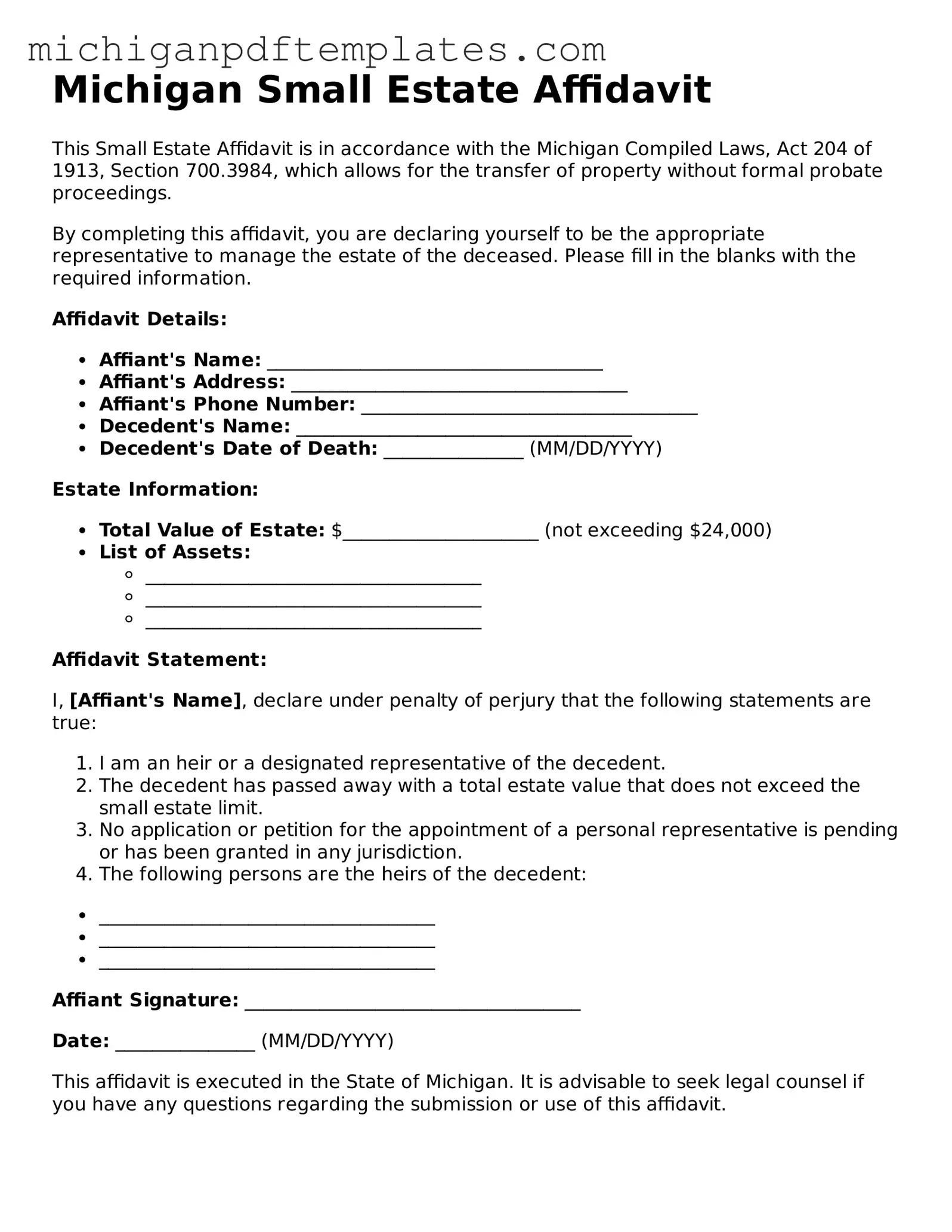 Legal Michigan Small Estate Affidavit Template