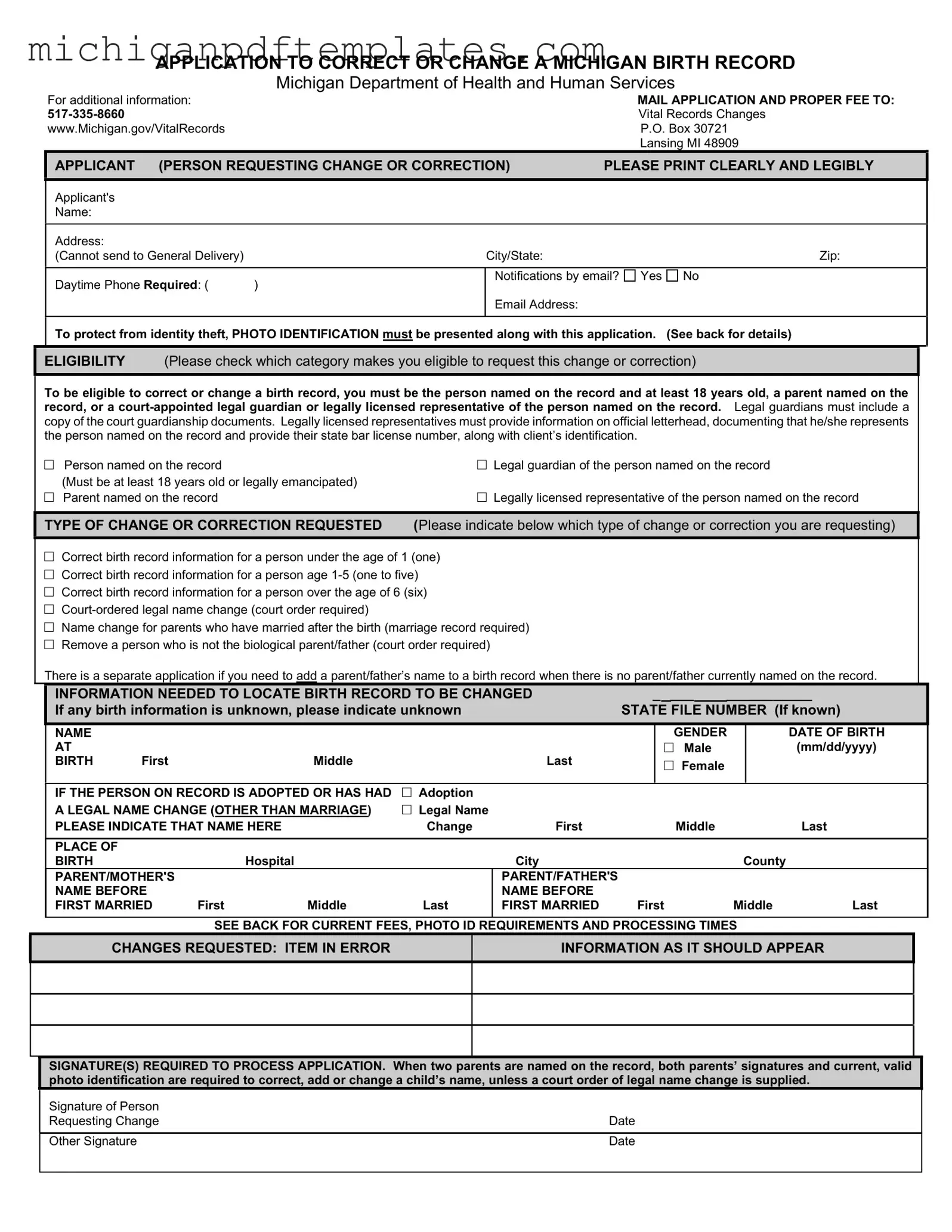 Fill in Your Michigan Application Birth Form