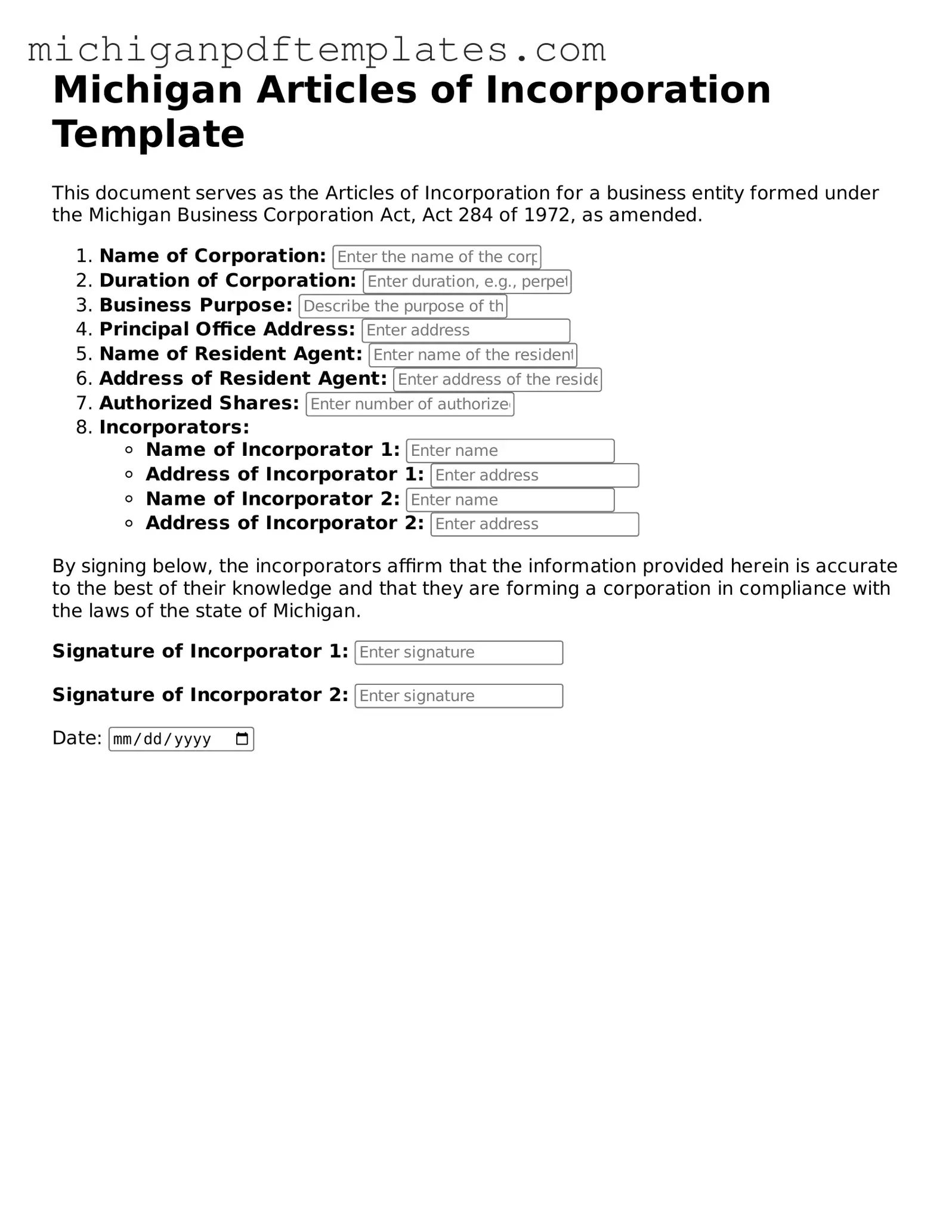 Legal Michigan Articles of Incorporation Template