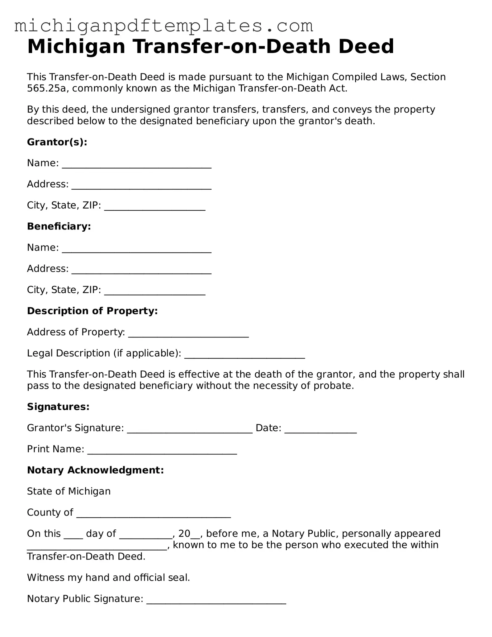 Legal Michigan Transfer-on-Death Deed Template