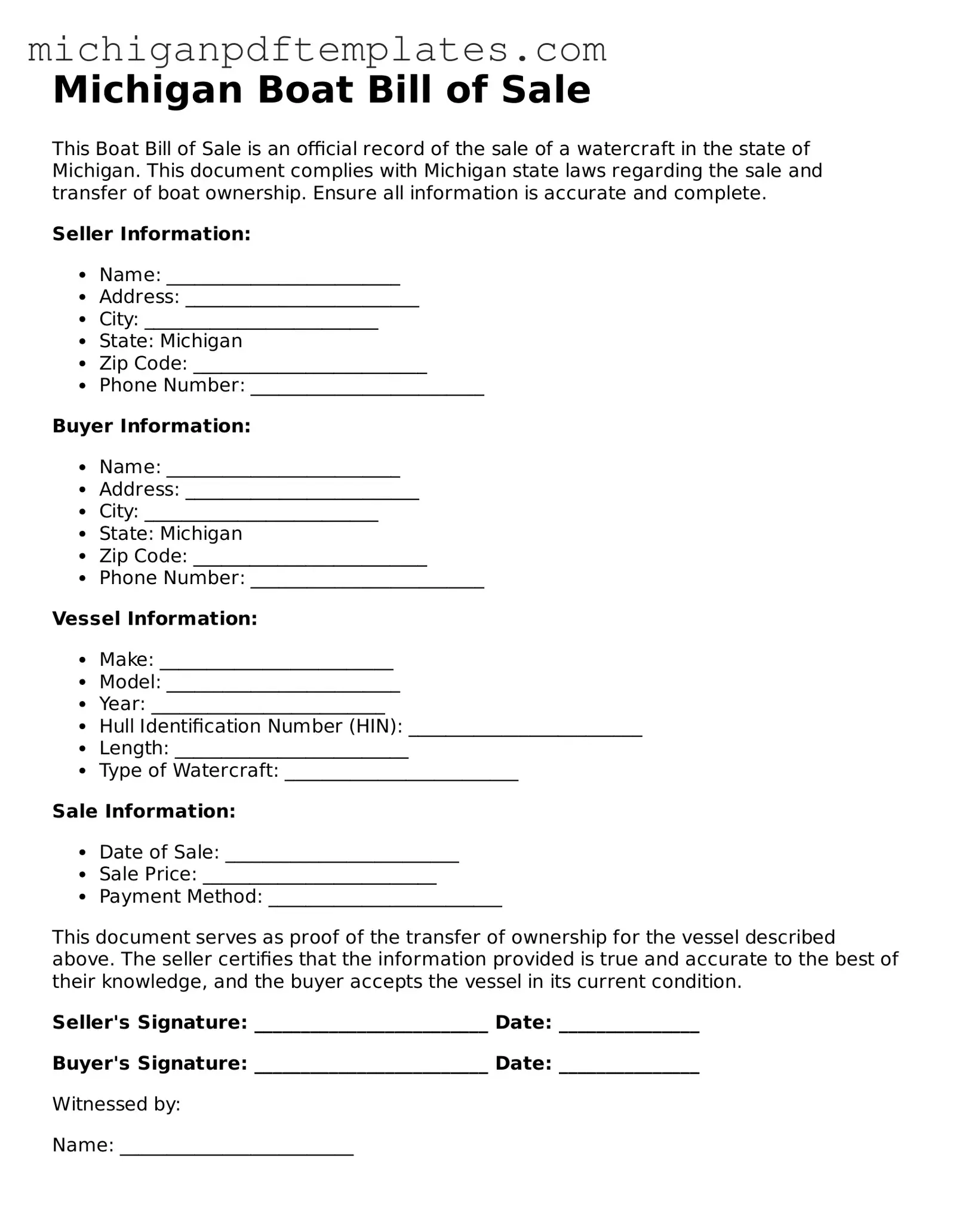 Legal Michigan Boat Bill of Sale Template