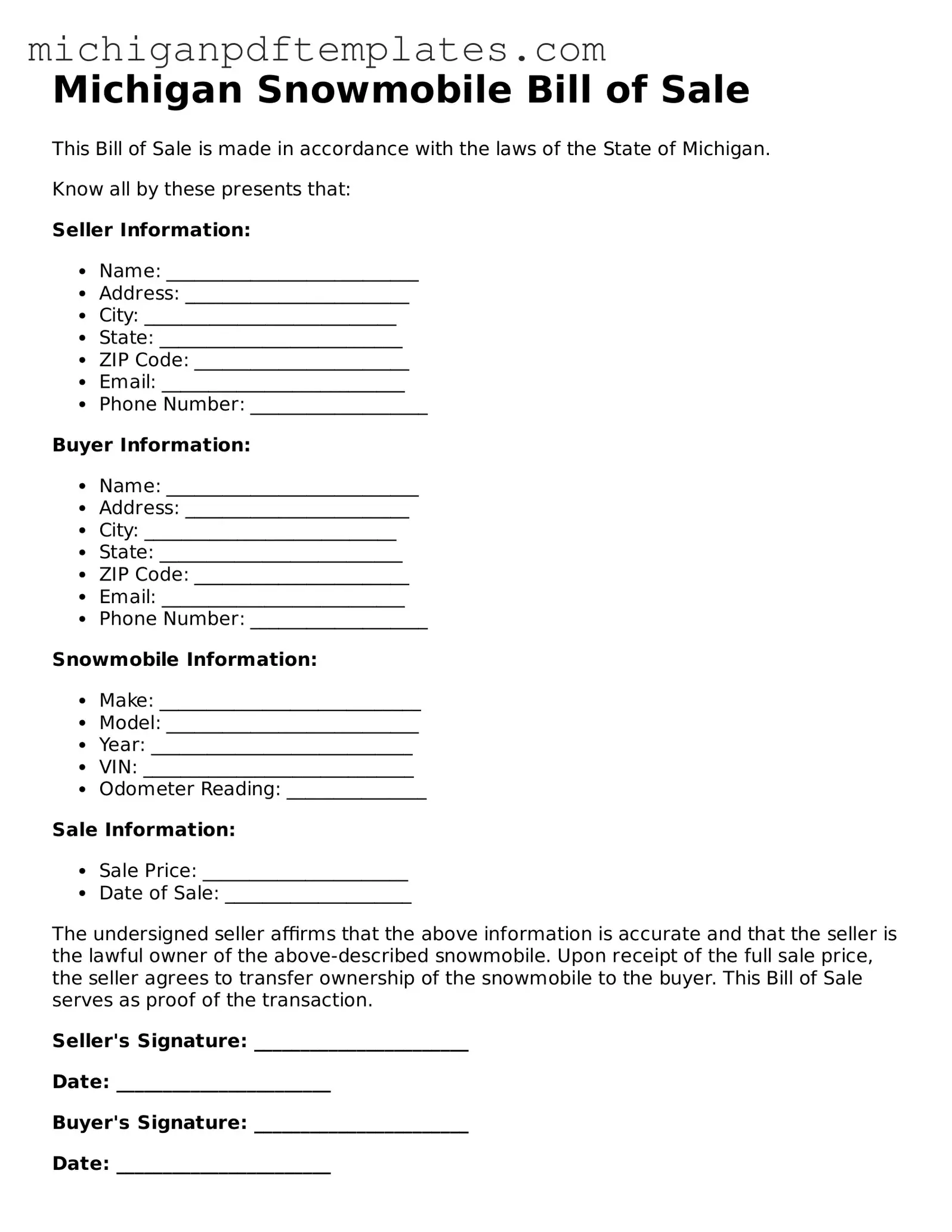Legal Michigan Snowmobile Bill of Sale Template