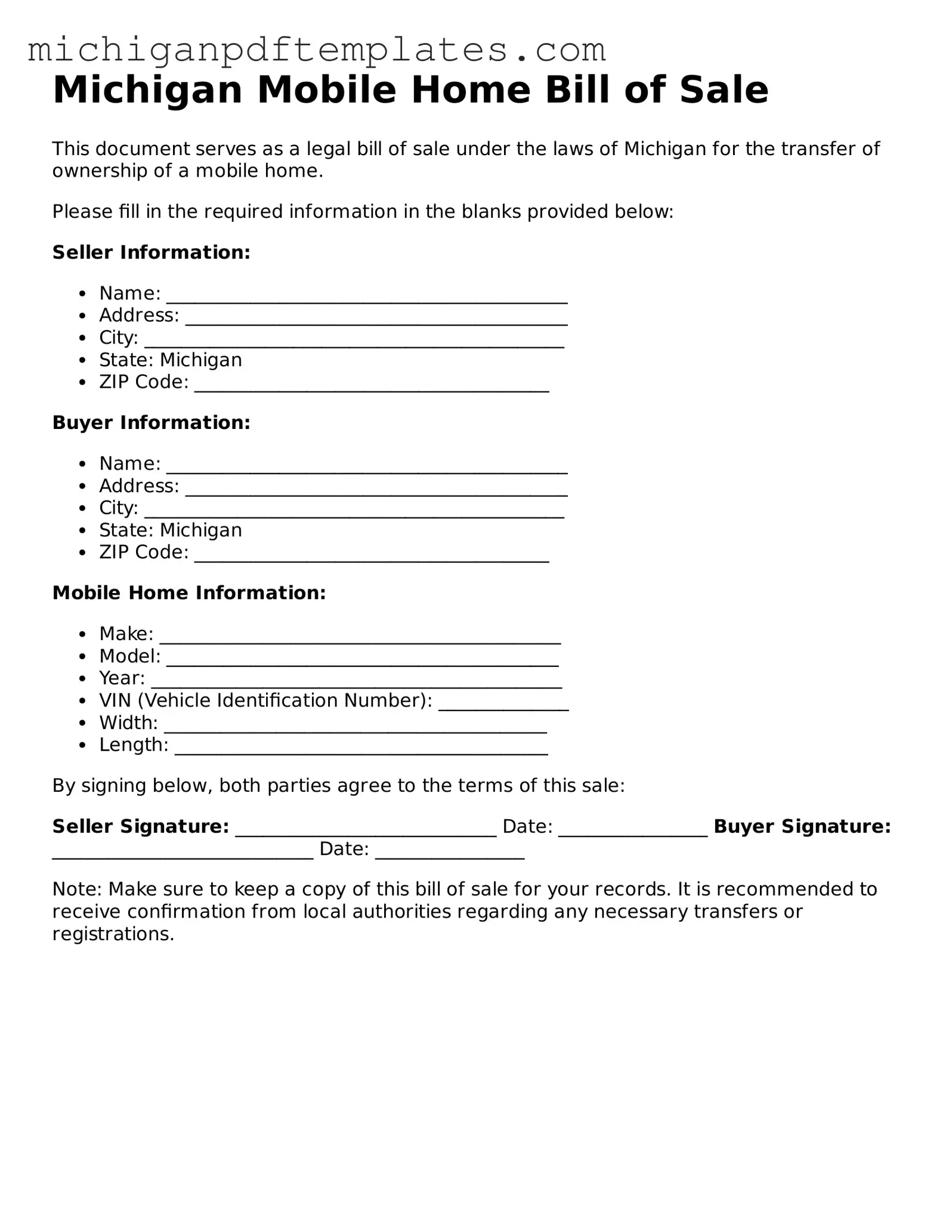 Legal Michigan Mobile Home Bill of Sale Template