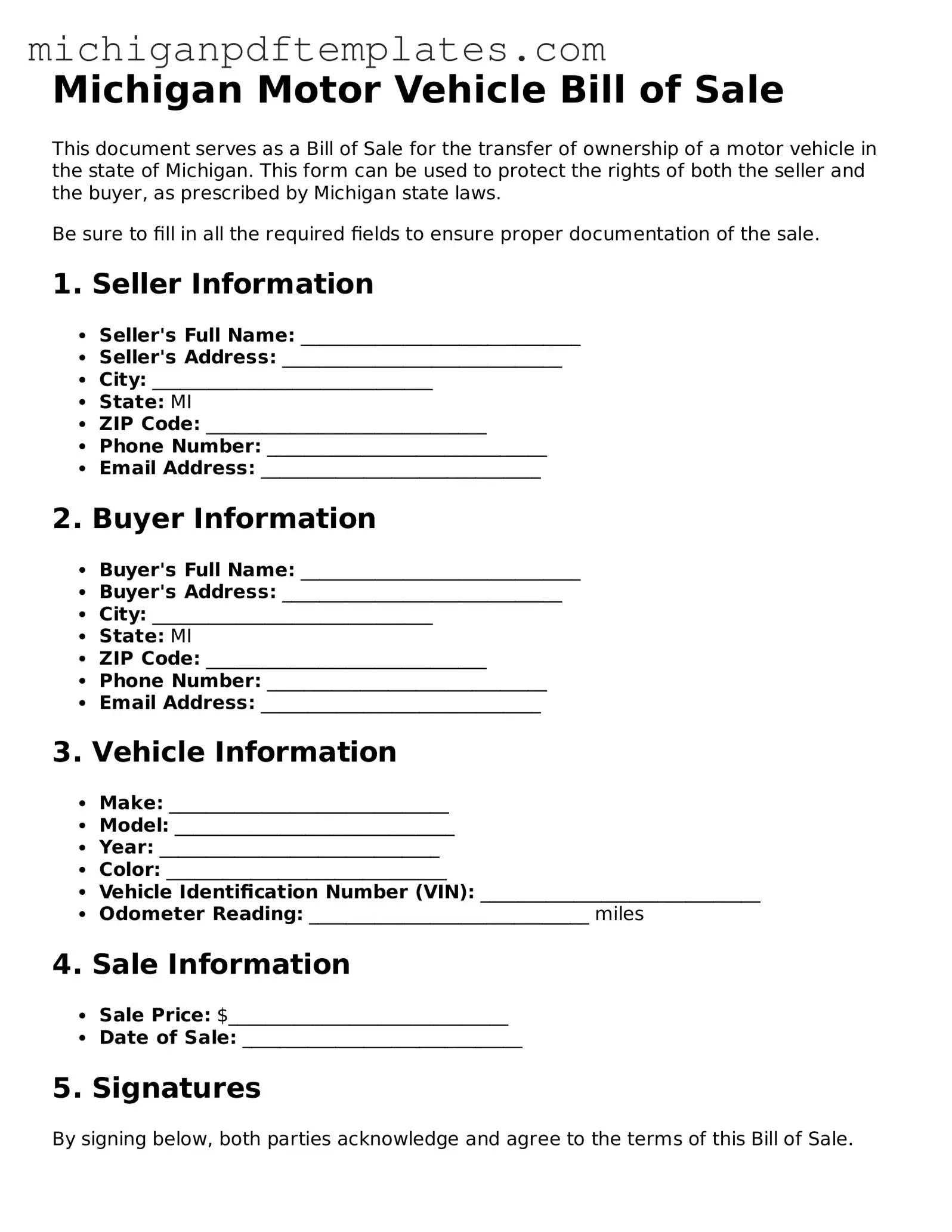 Legal Michigan Motor Vehicle Bill of Sale Template