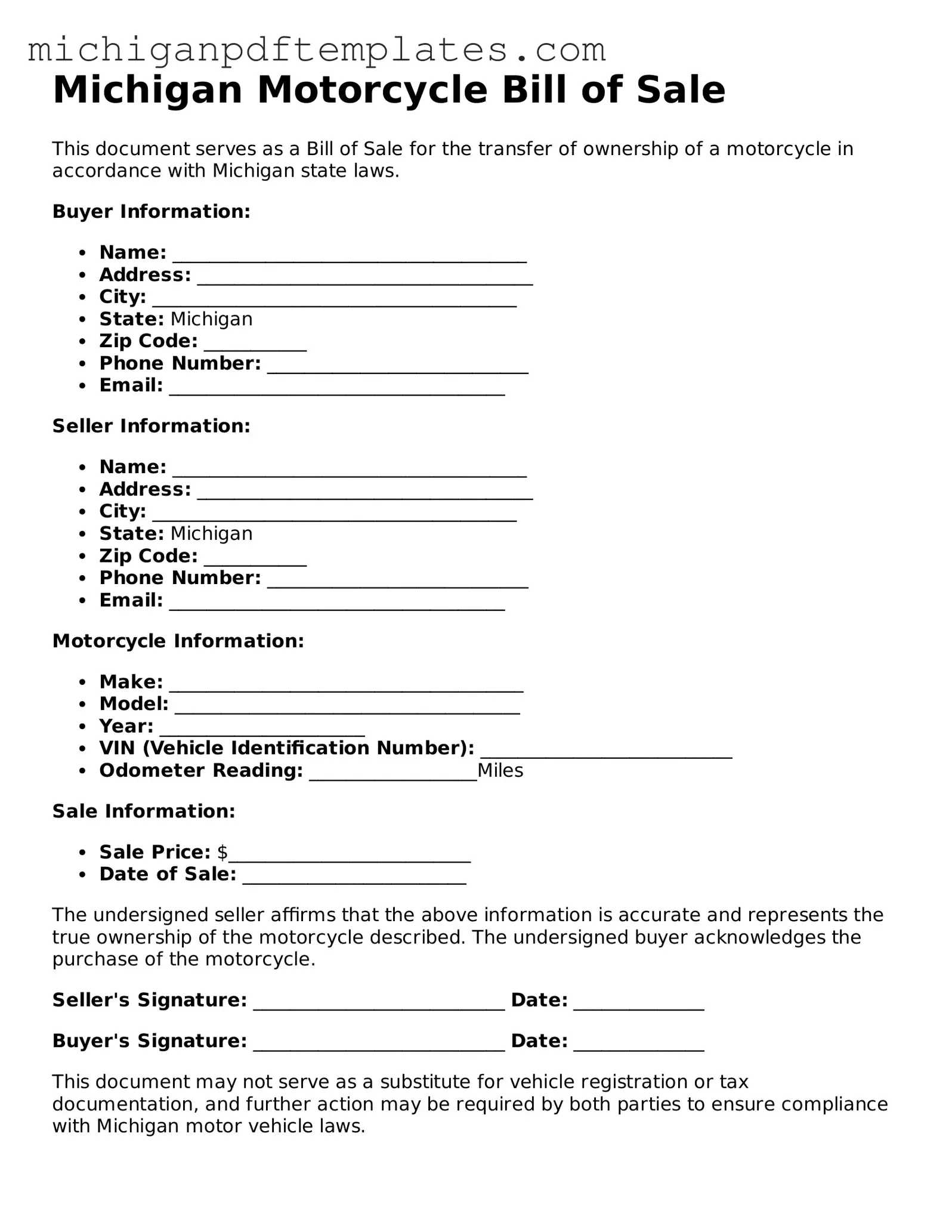 Legal Michigan Motorcycle Bill of Sale Template
