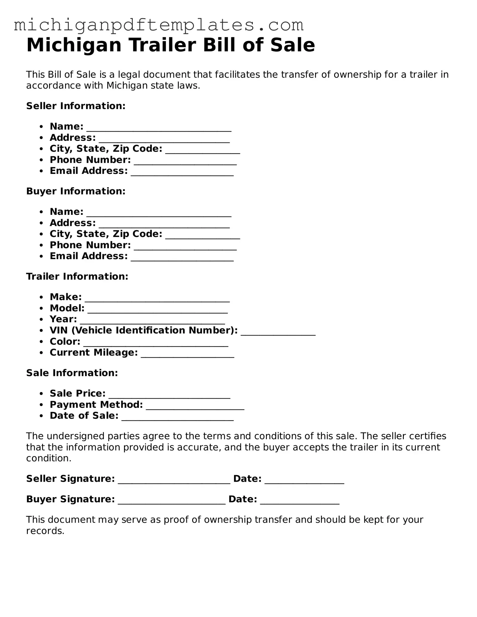 Legal Michigan Trailer Bill of Sale Template