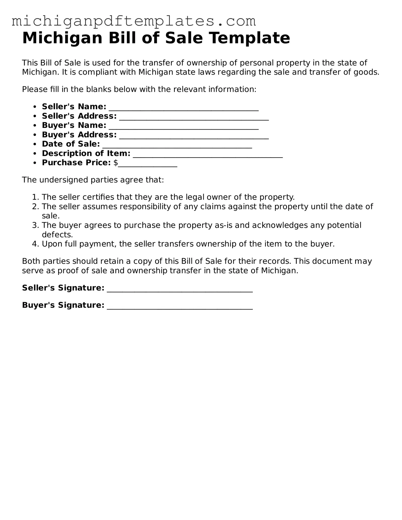 Legal Michigan Bill of Sale Template