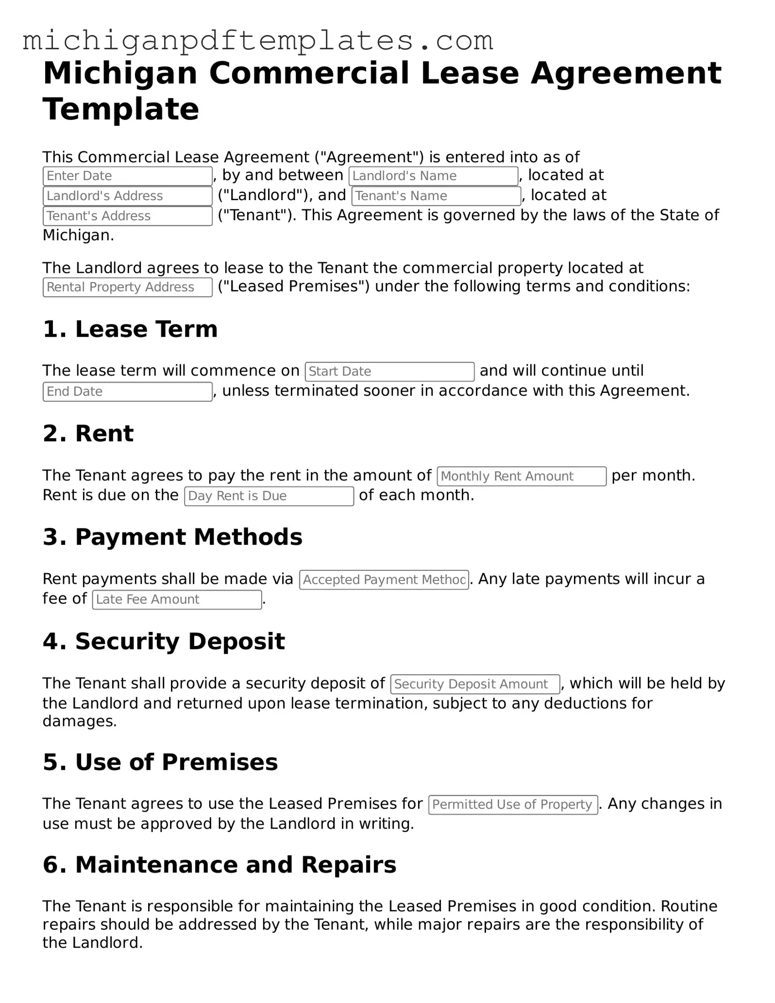 Legal Michigan Commercial Lease Agreement Template