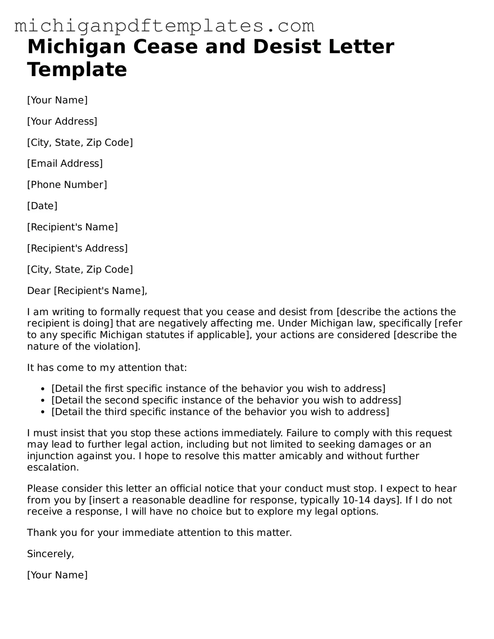 Legal Michigan Cease and Desist Letter Template