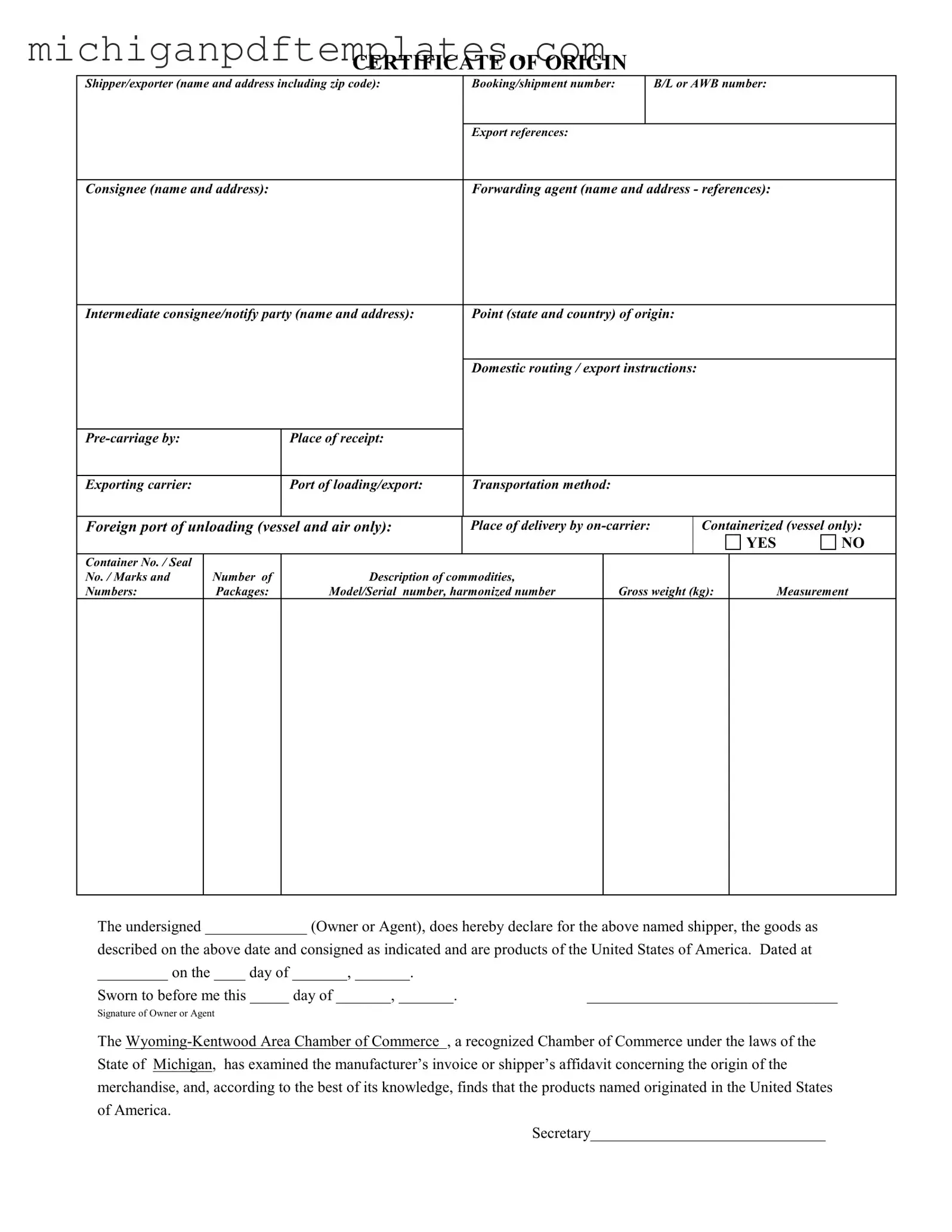 Fill in Your Michigan Certificate Of Origin Form
