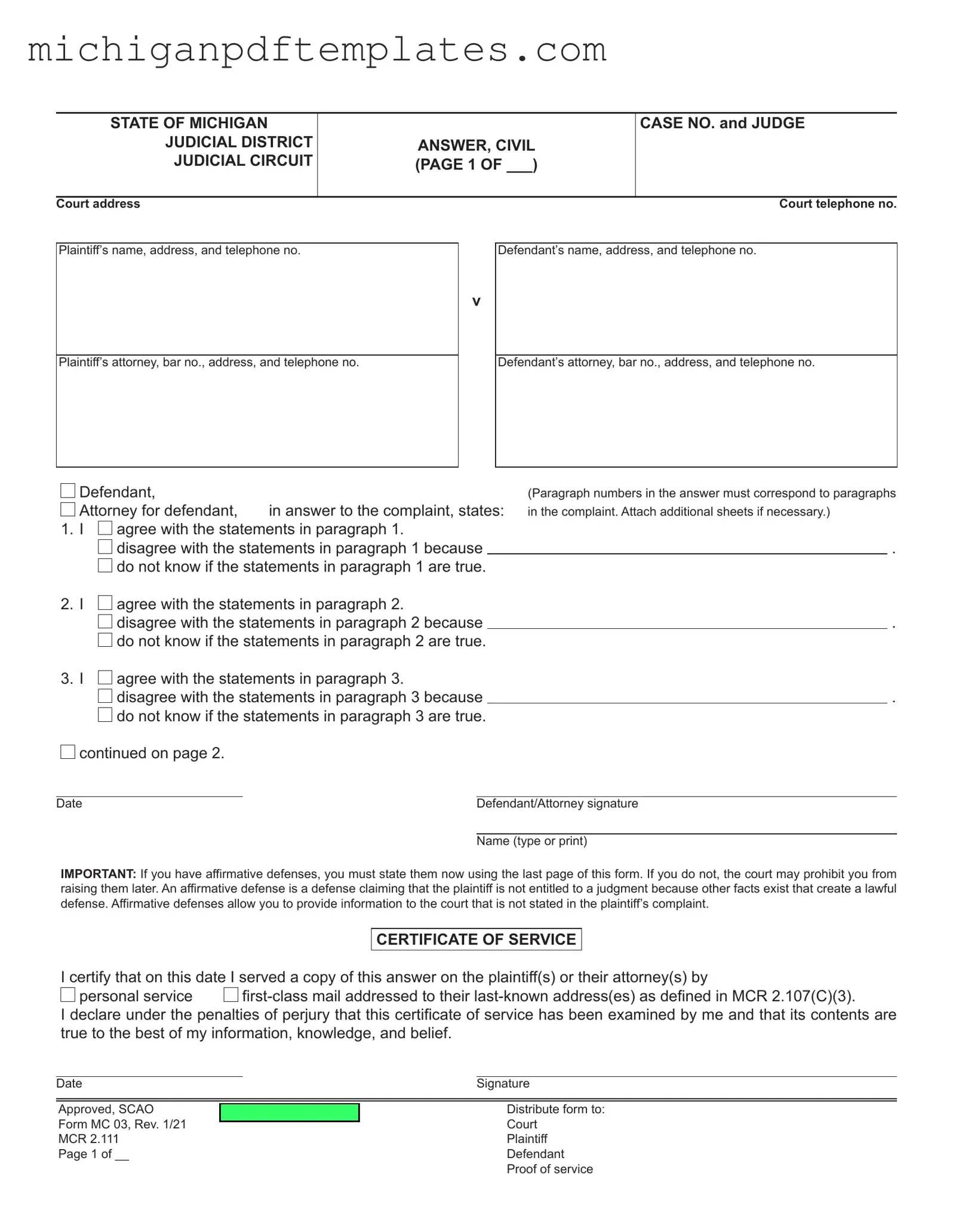 Fill in Your Michigan Civil Form