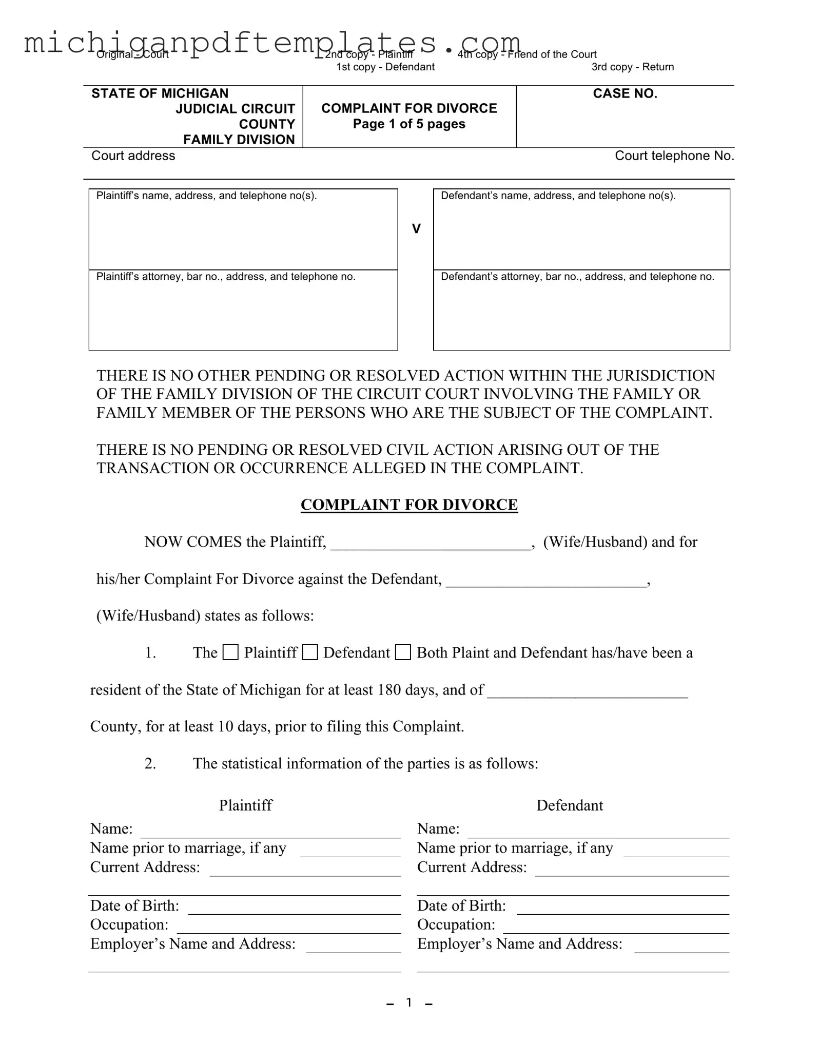Fill in Your Michigan Complaint Divorce Form