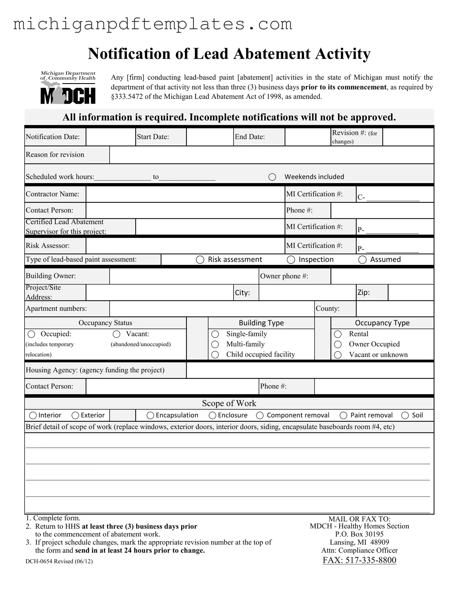 Fill in Your Michigan Dch 0654 Form