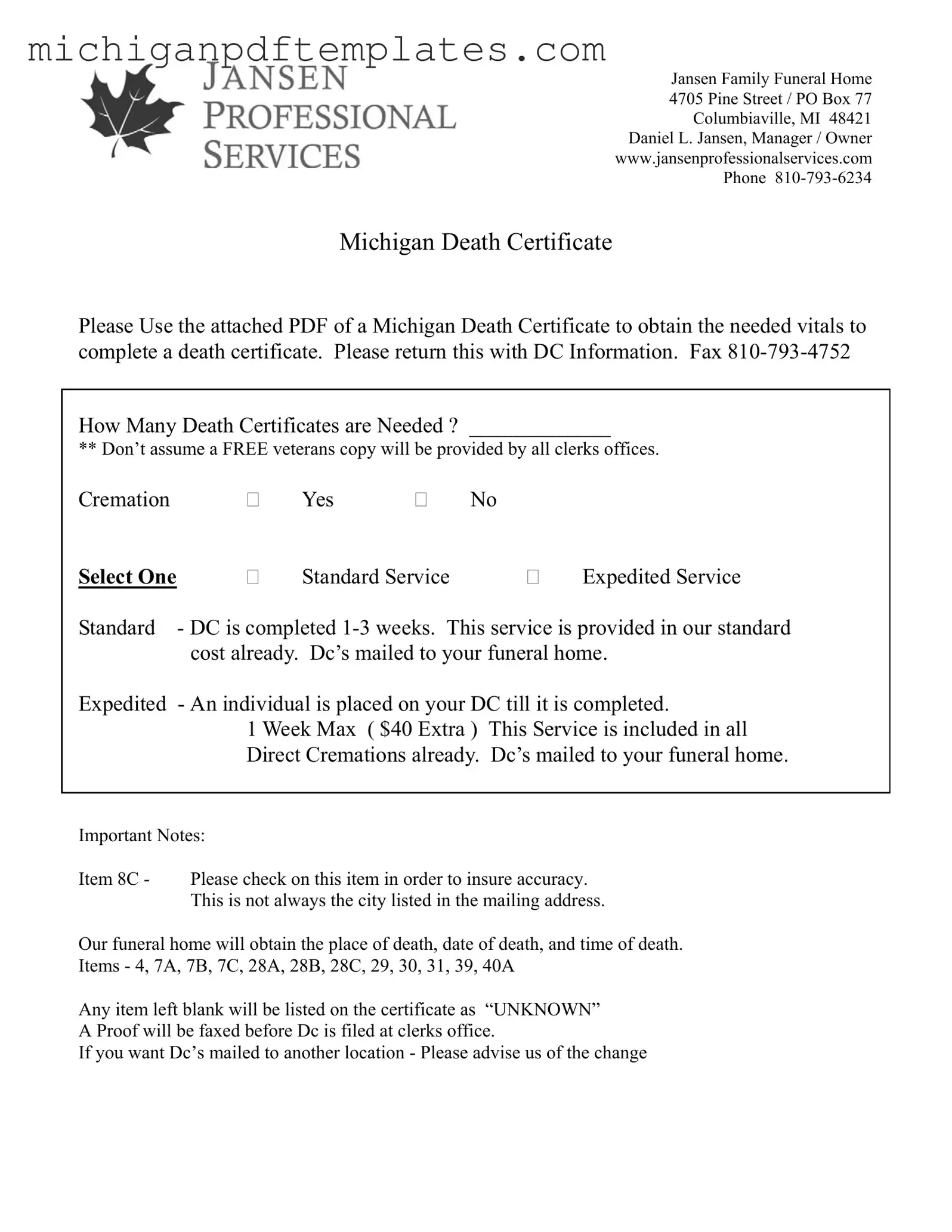 Fill in Your Michigan Death Certificate Form