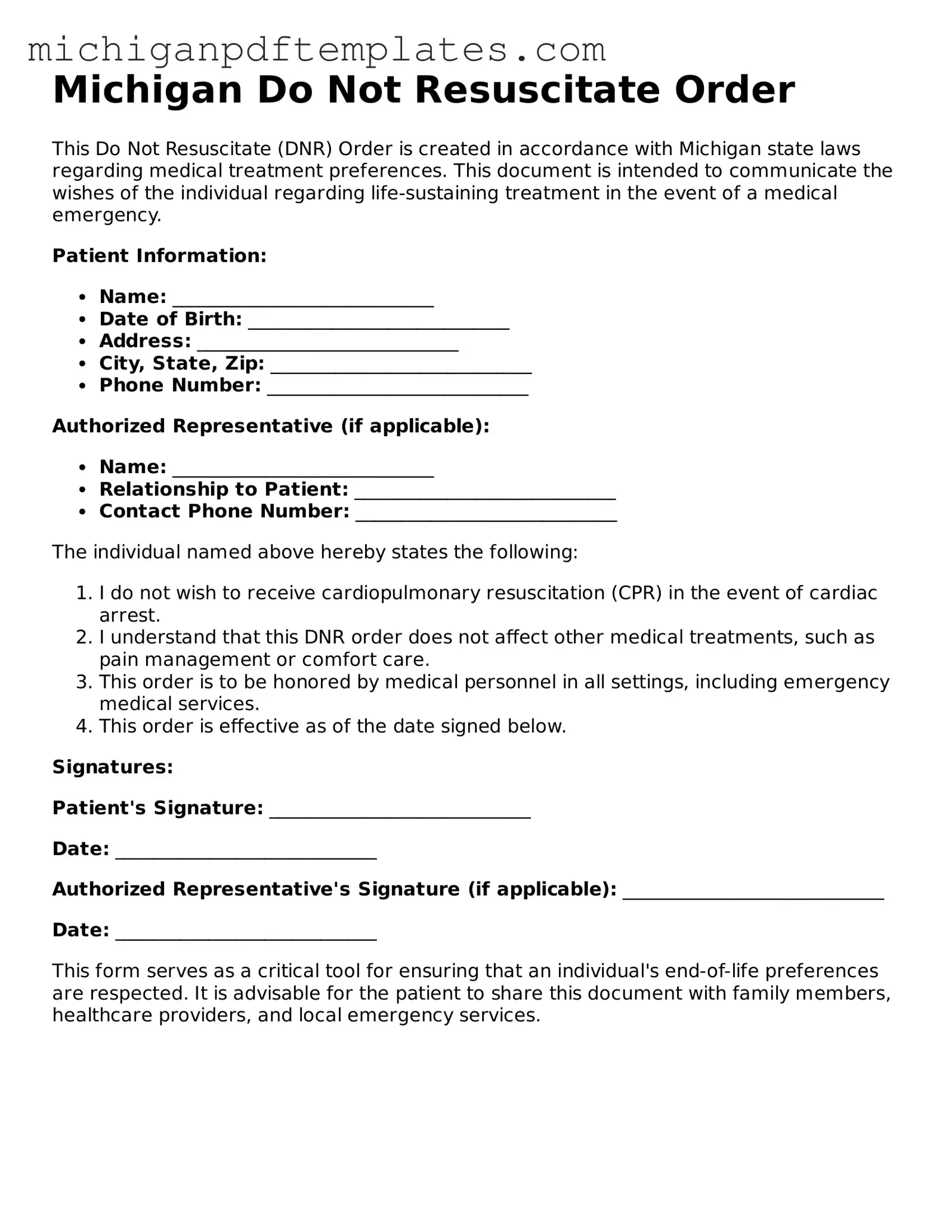 Legal Michigan Do Not Resuscitate Order Template