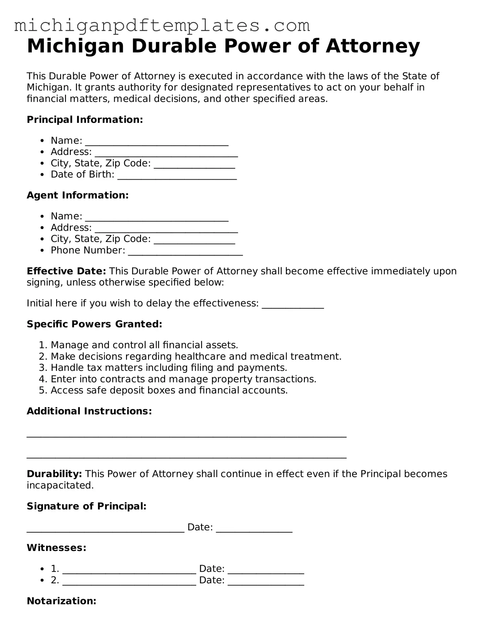 Legal Michigan Durable Power of Attorney Template