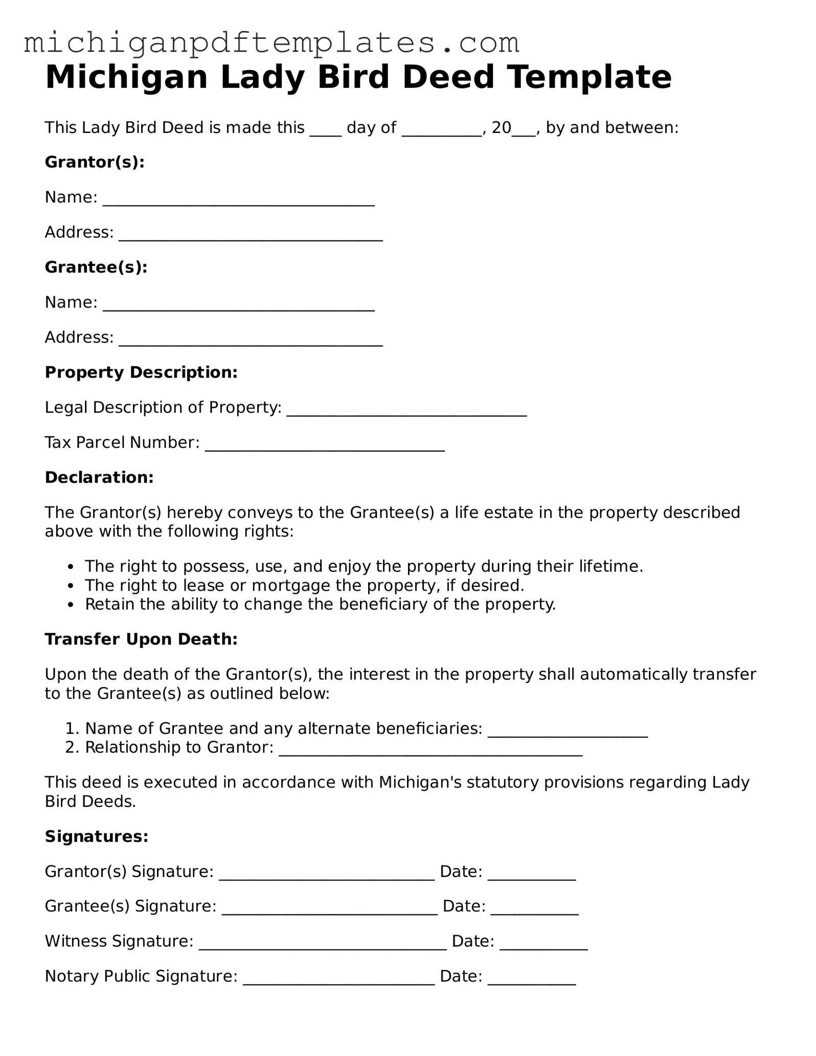 Legal Michigan Lady Bird Deed Template
