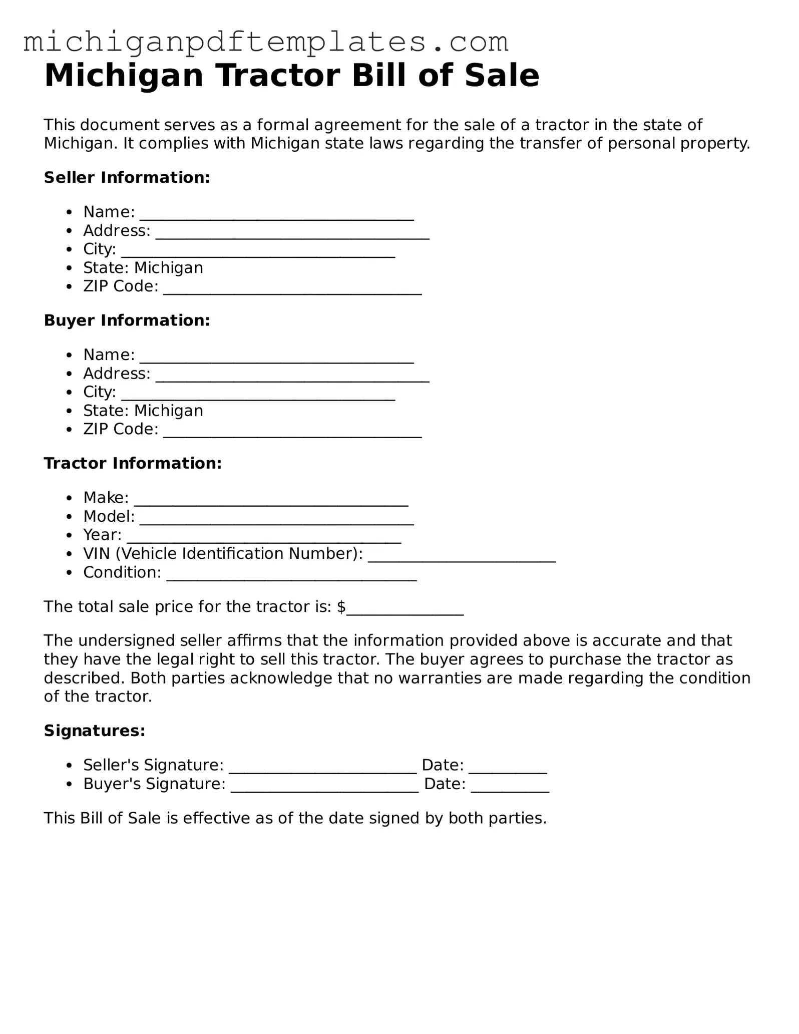 Legal Michigan Tractor Bill of Sale Template