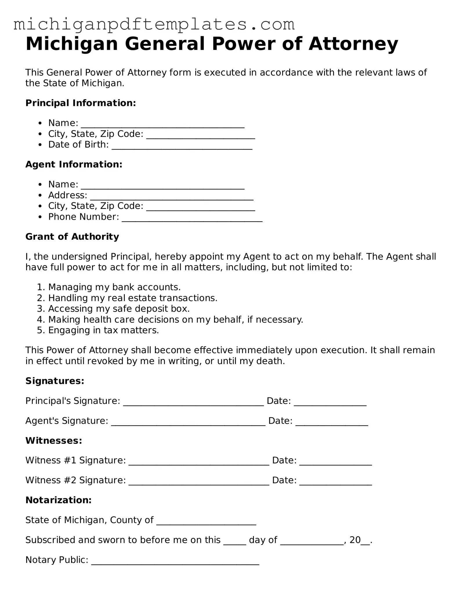 Legal Michigan General Power of Attorney Template