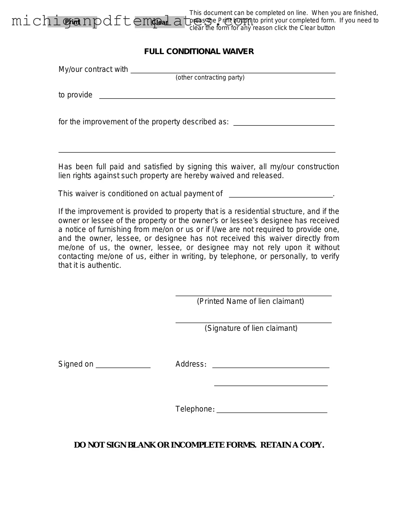 Fill in Your Michigan Full Conditional Waiver Form