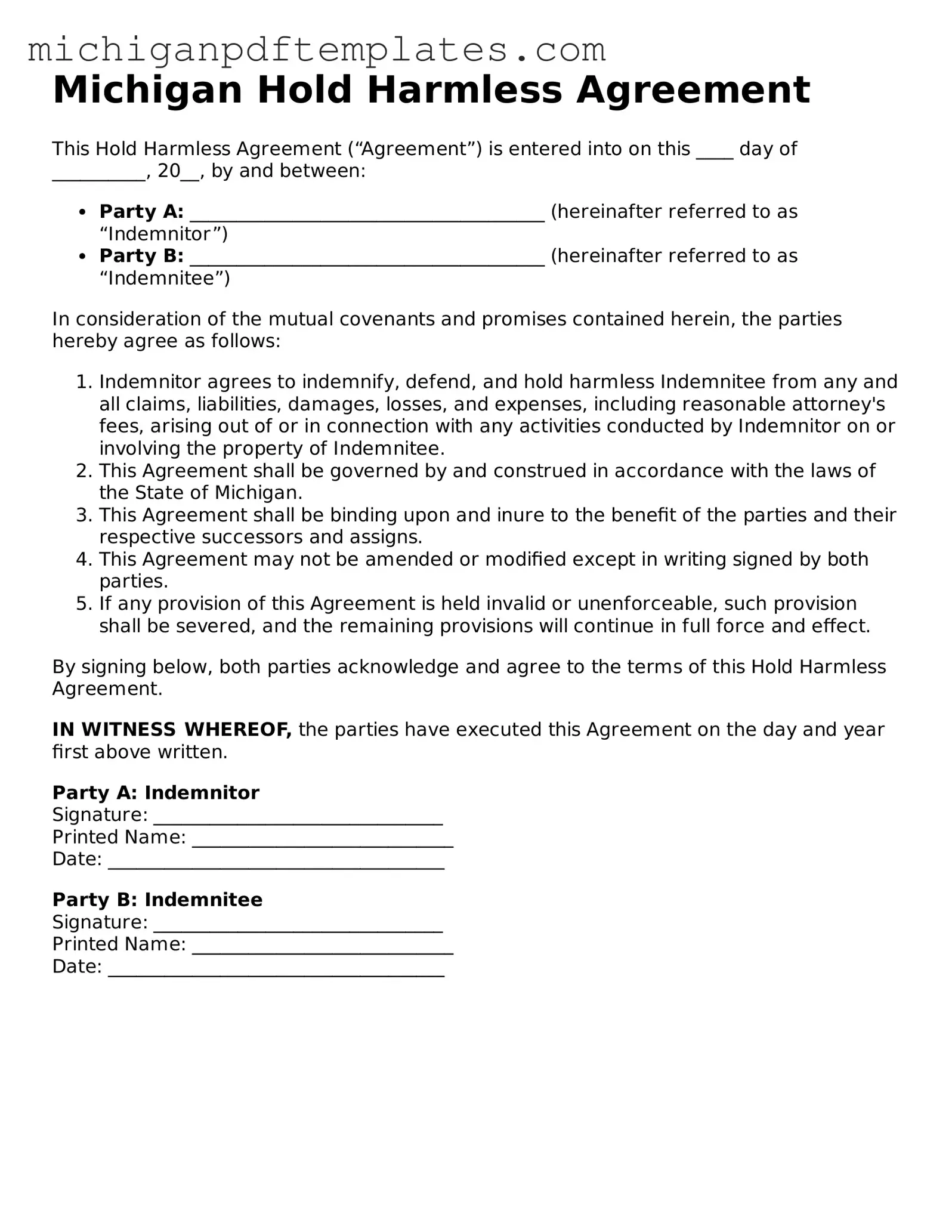 Legal Michigan Hold Harmless Agreement Template