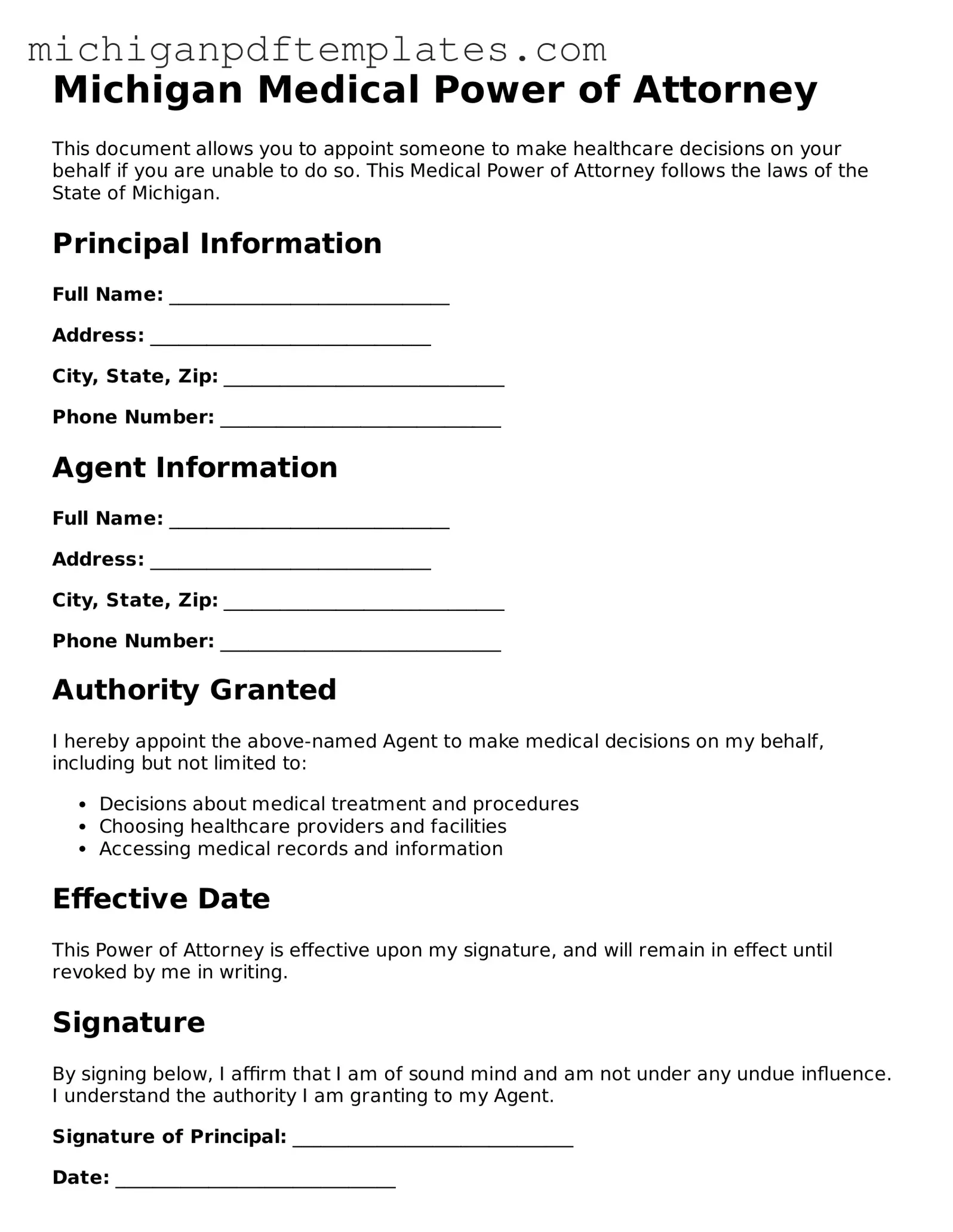 Legal Michigan Medical Power of Attorney Template