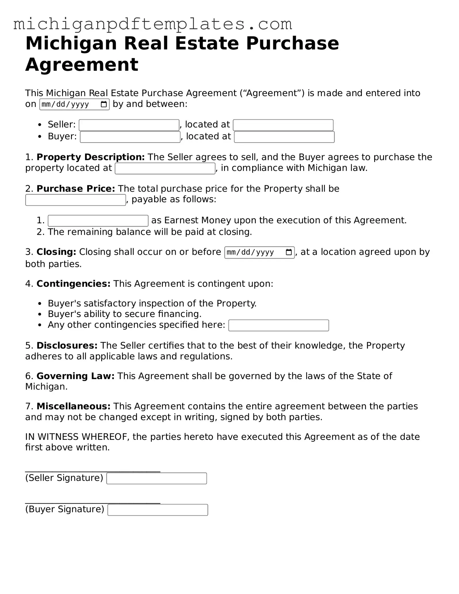 Legal Michigan Real Estate Purchase Agreement Template