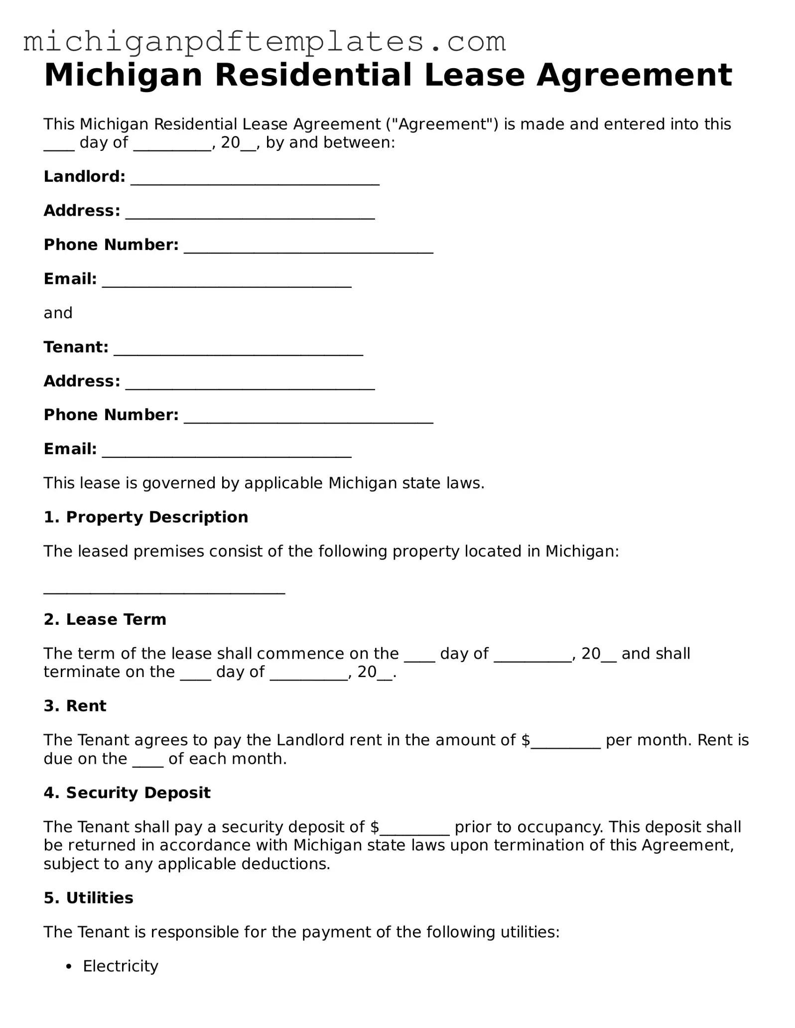 Legal Michigan Residential Lease Agreement Template