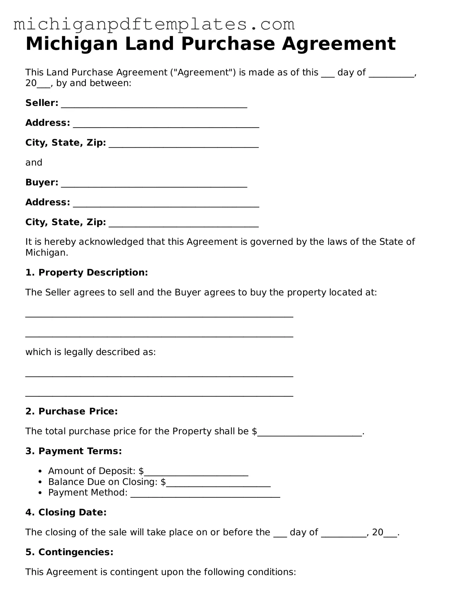 Legal Michigan Land Purchase Agreement Template