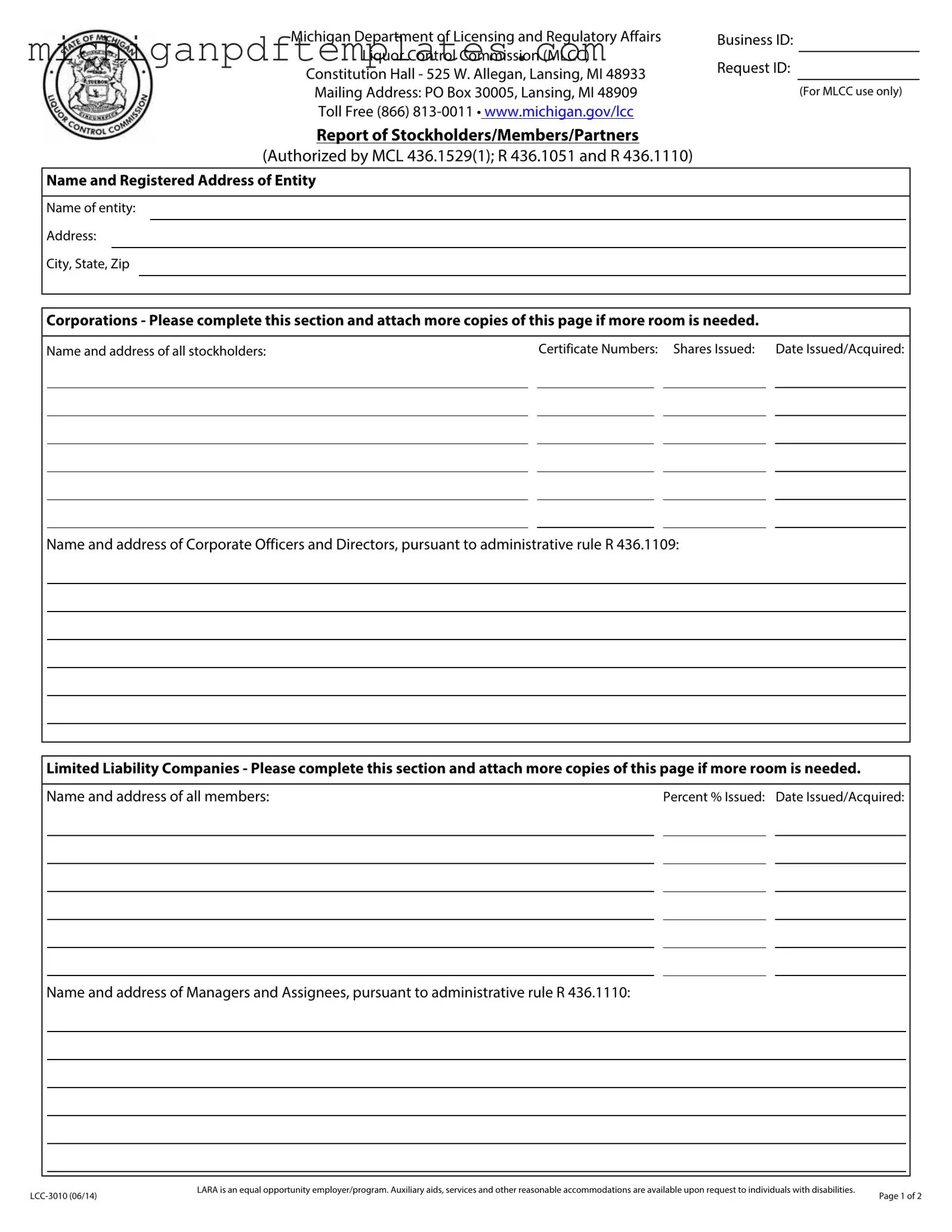 Fill in Your Michigan Lcc 3010 Form