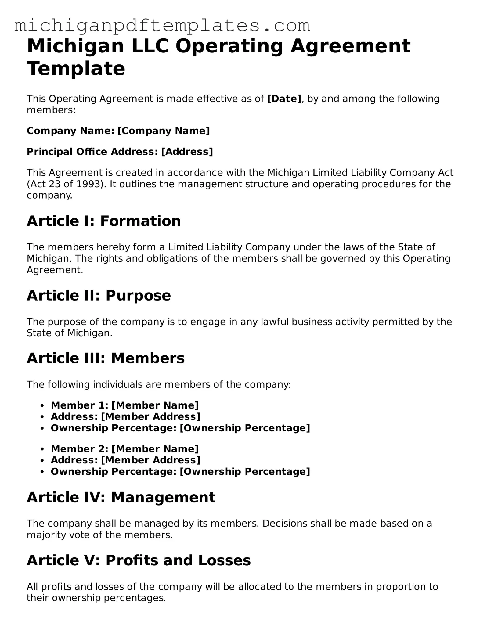 Legal Michigan Operating Agreement Template