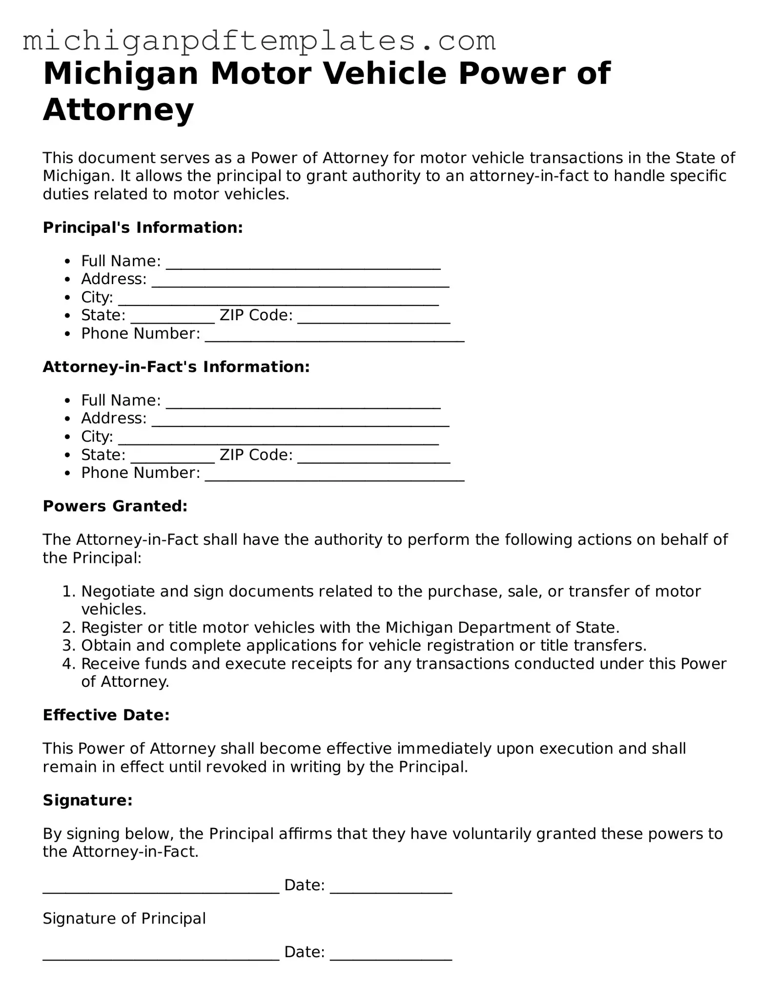 Legal Michigan Motor Vehicle Power of Attorney Template