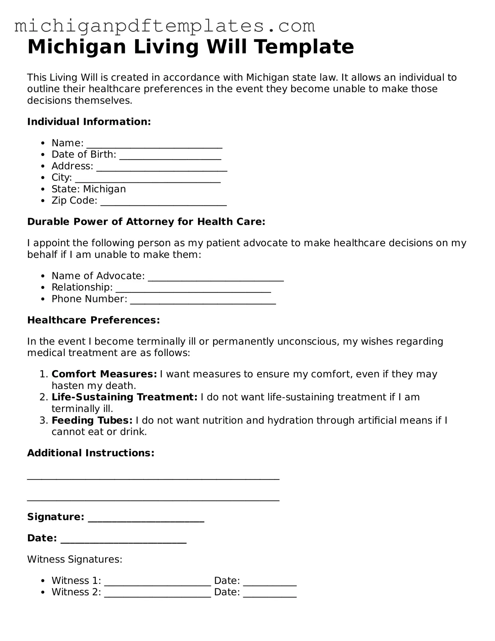 Legal Michigan Living Will Template