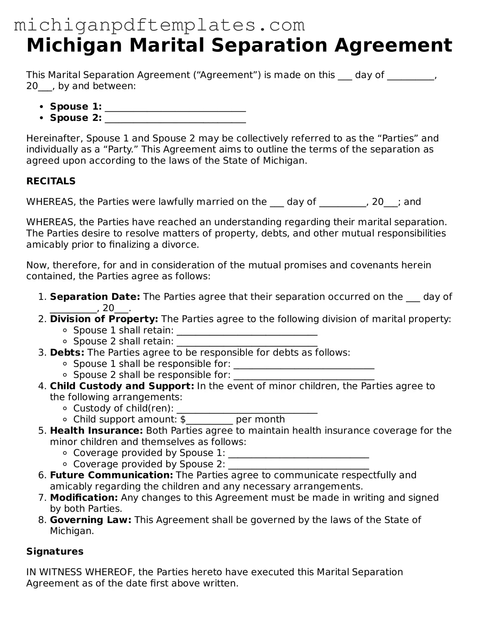 Legal Michigan Marital Separation Agreement Template