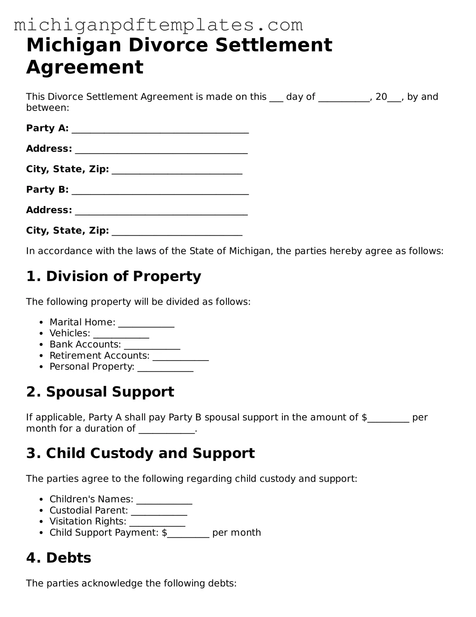 Legal Michigan Divorce Settlement Agreement Template