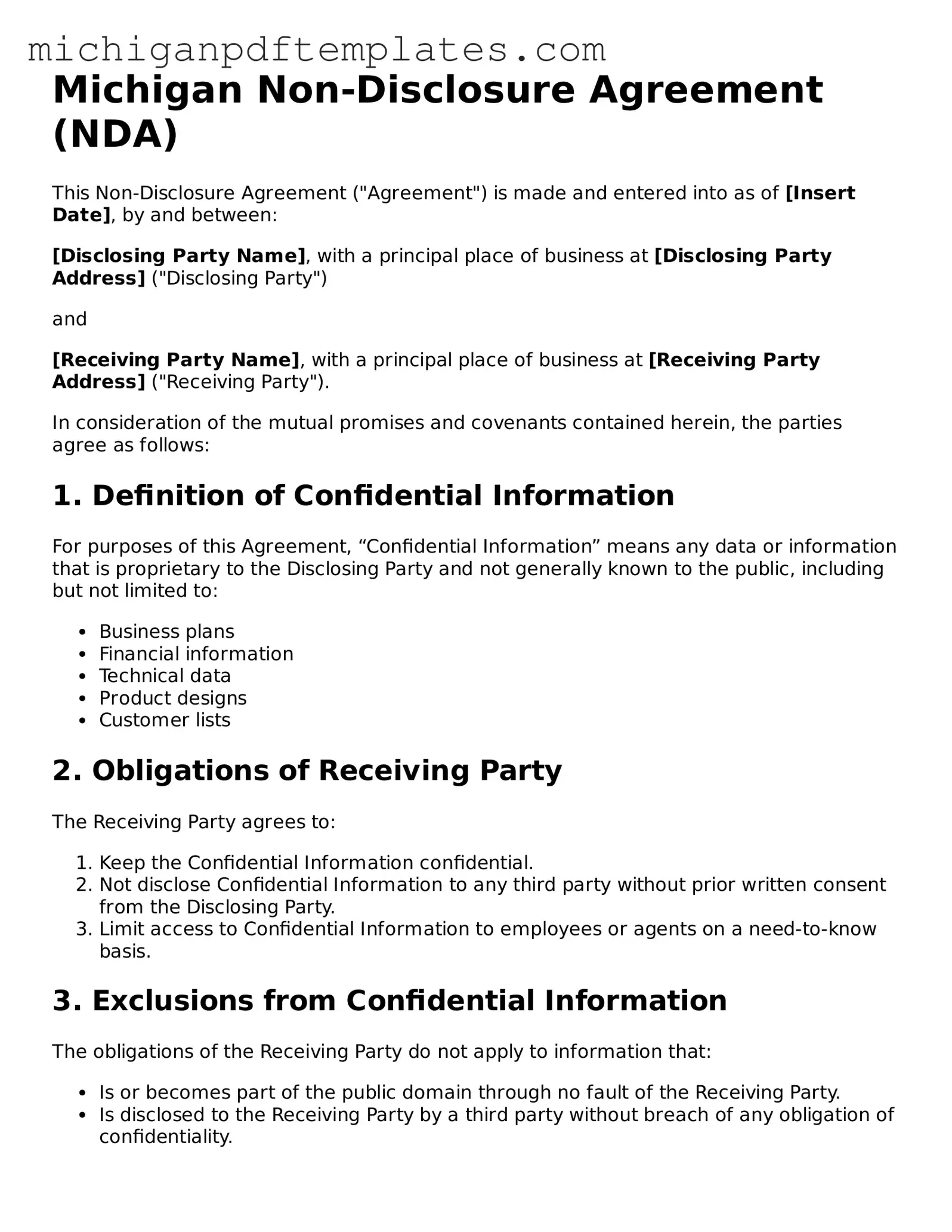 Legal Michigan Non-disclosure Agreement Template