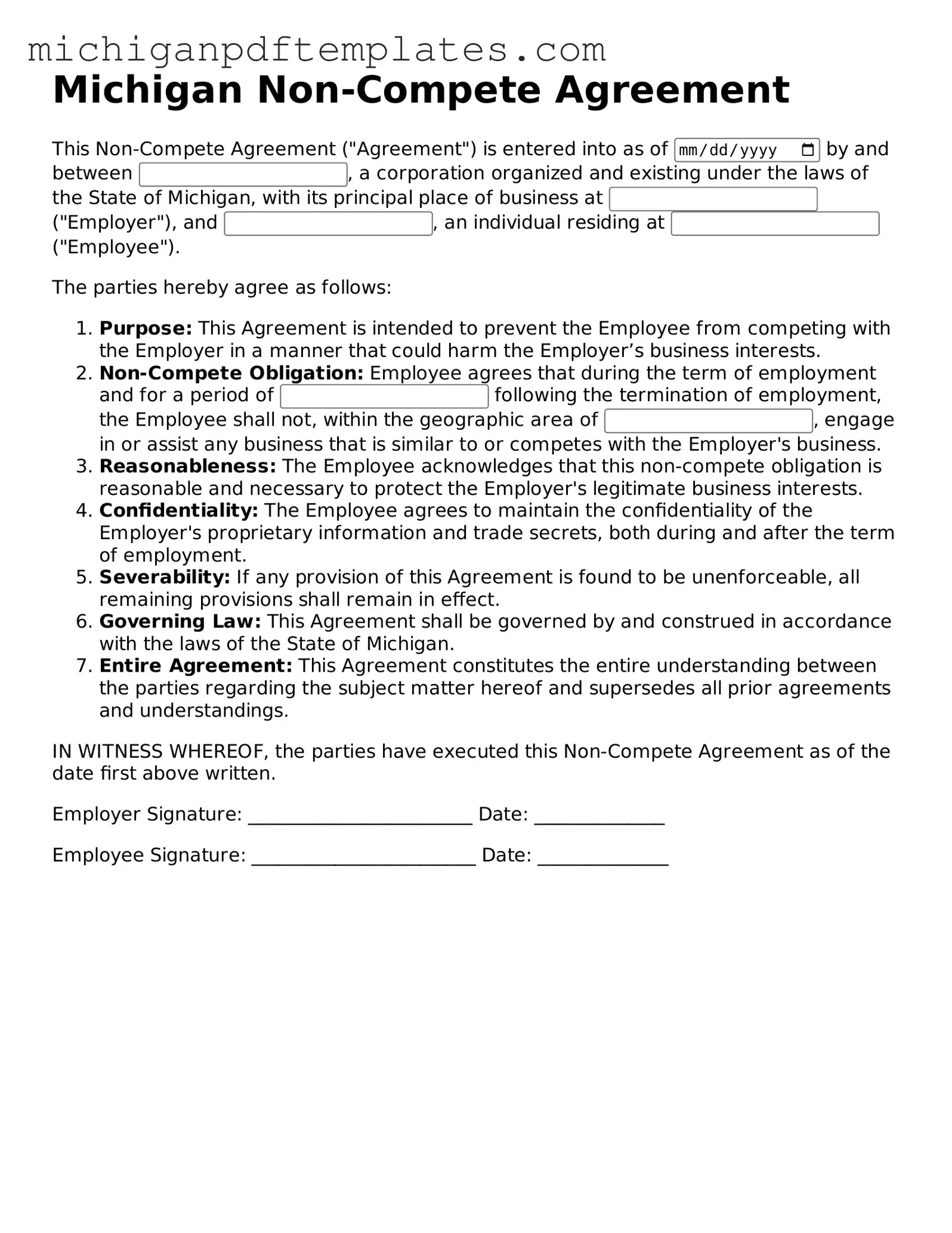 Legal Michigan Non-compete Agreement Template