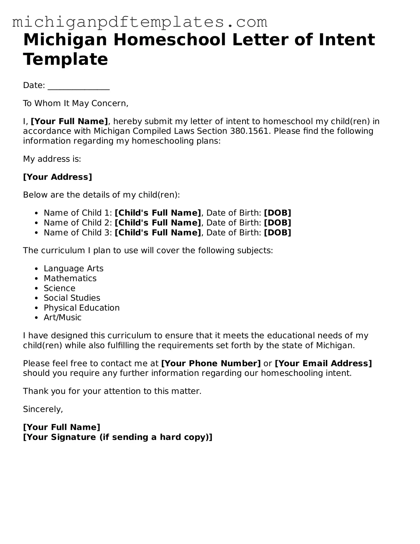 Legal Michigan Homeschool Letter of Intent Template