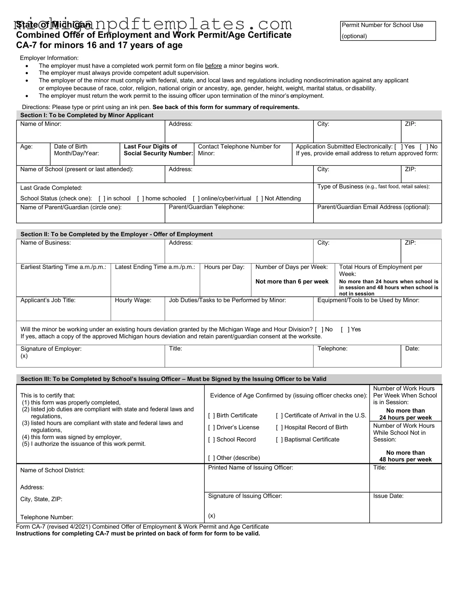 Fill in Your Michigan Permit Form