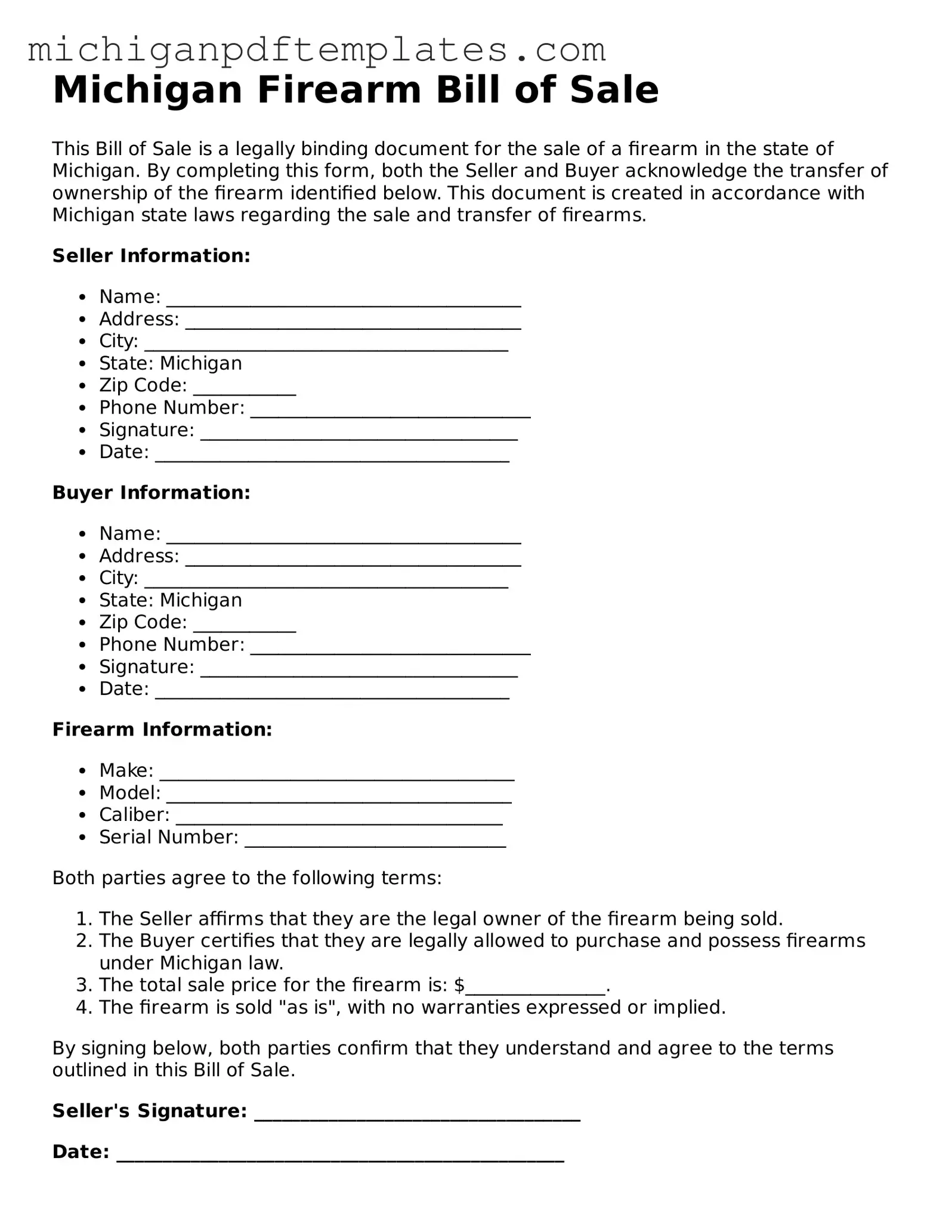 Legal Michigan Firearm Bill of Sale Template