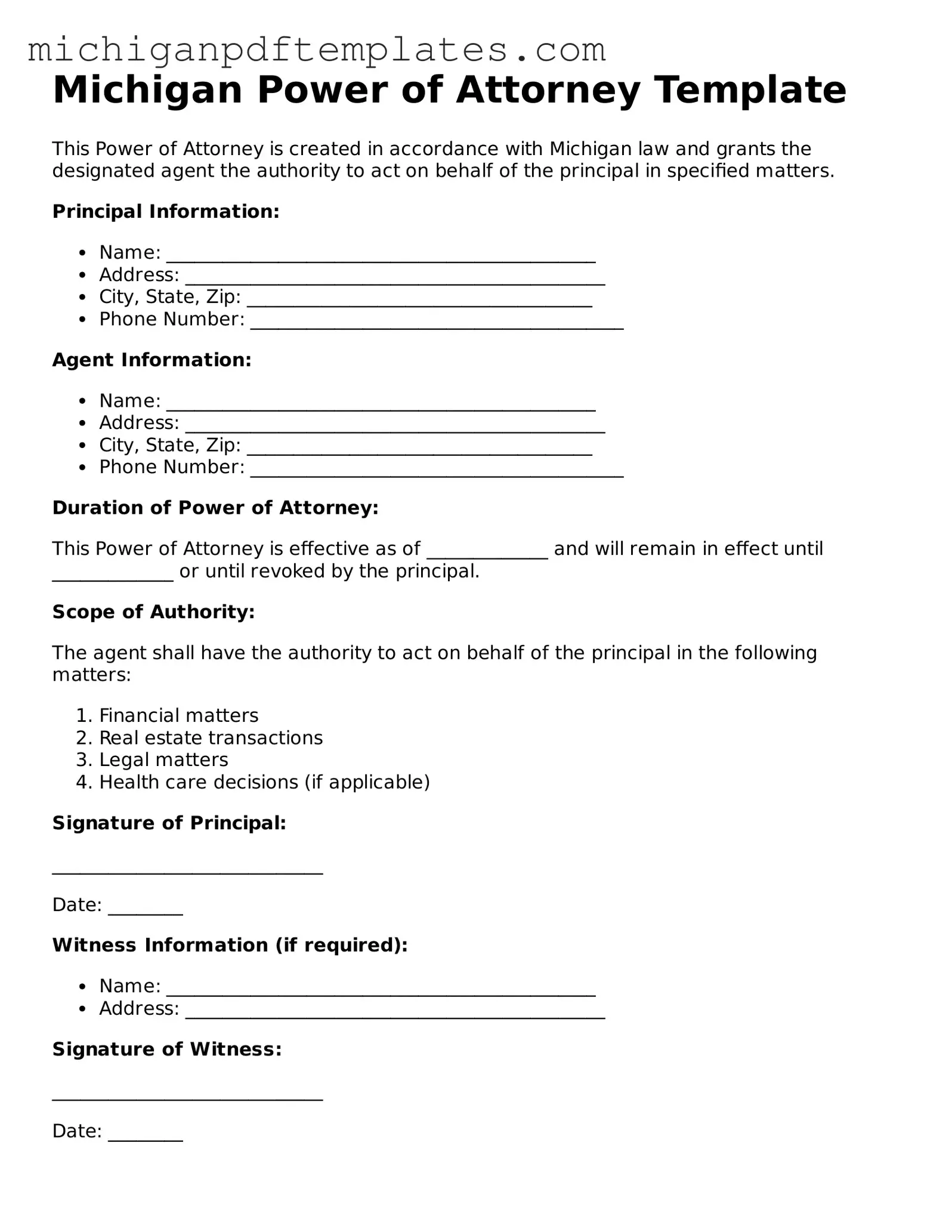 Legal Michigan Power of Attorney Template