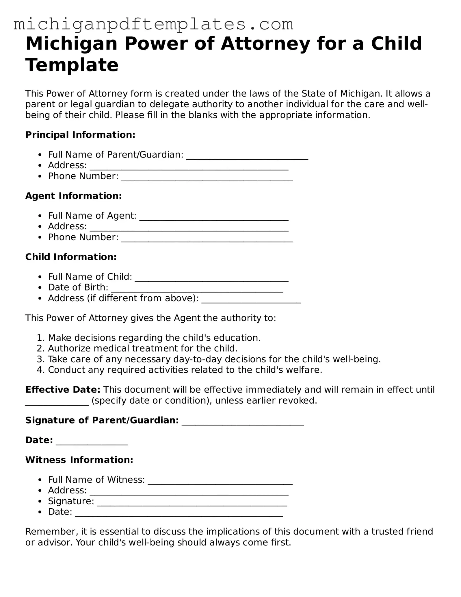 Legal Michigan Power of Attorney for a Child Template