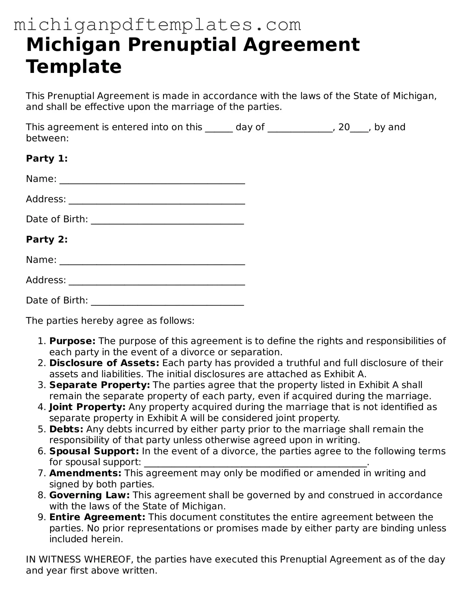 Legal Michigan Prenuptial Agreement Template