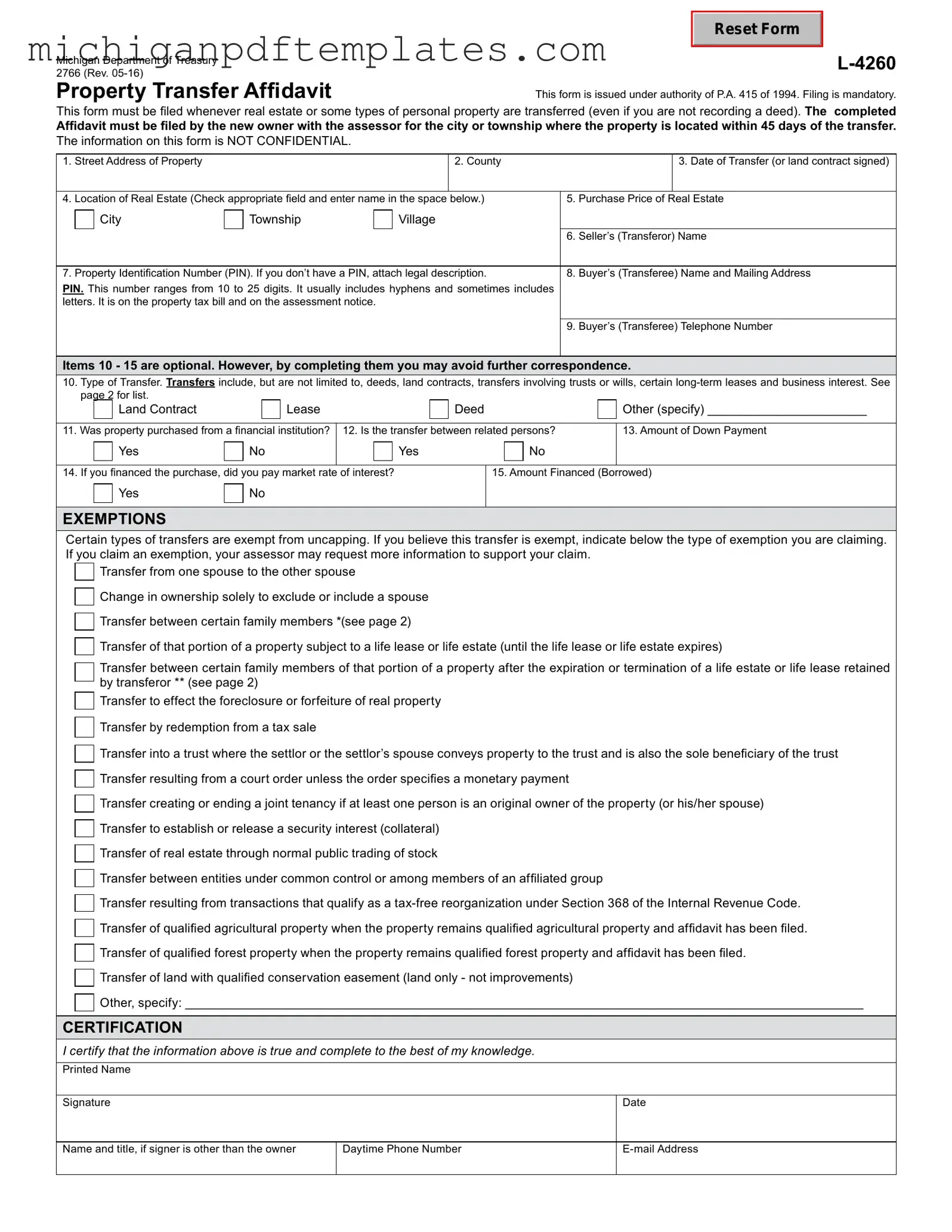 Fill in Your Michigan Property Transfer Affidavit 2766 Form