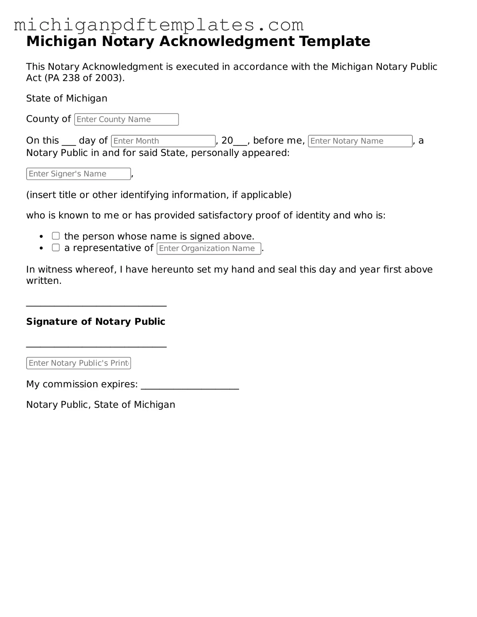 Legal Michigan Notary Acknowledgement Template