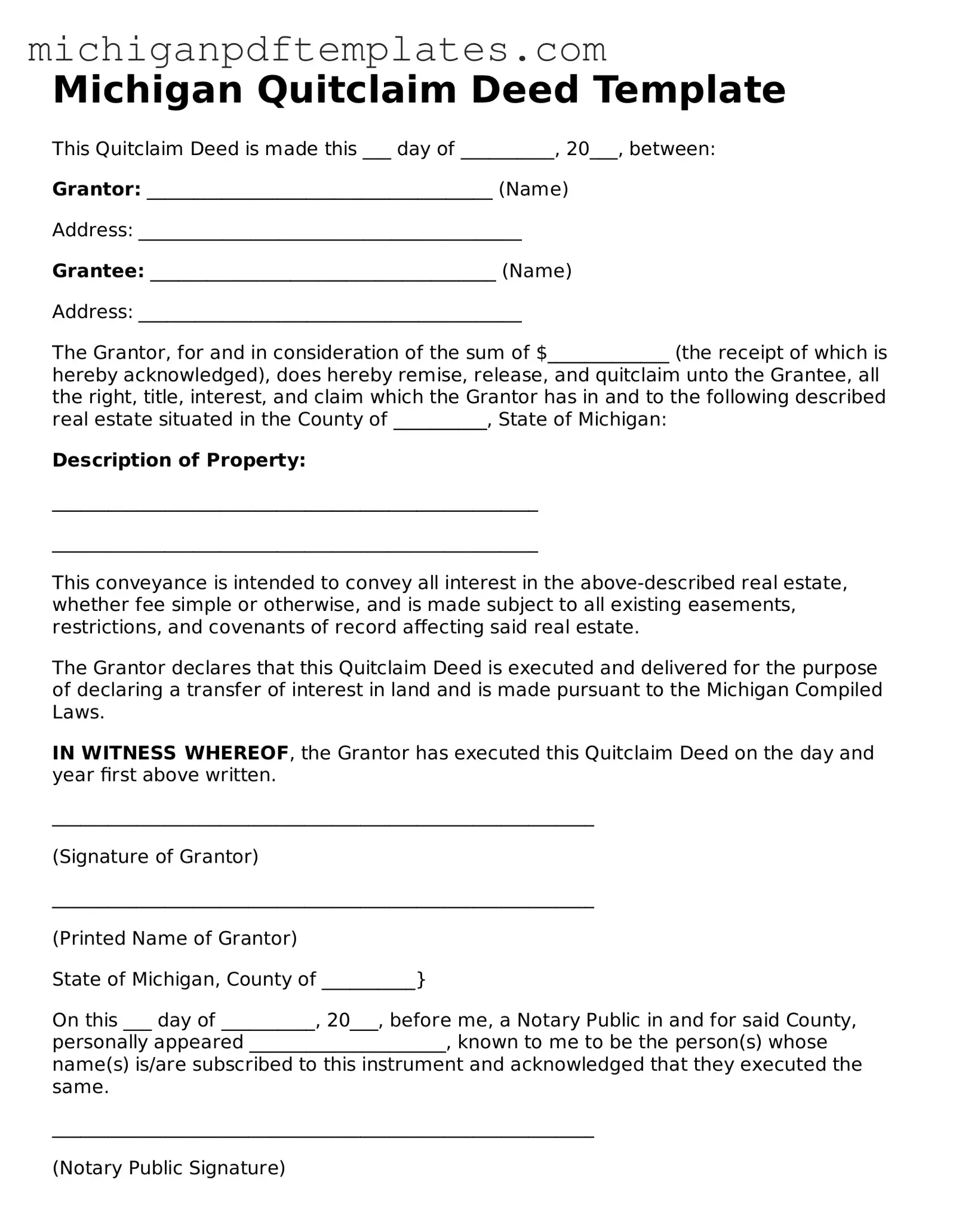 Legal Michigan Quitclaim Deed Template